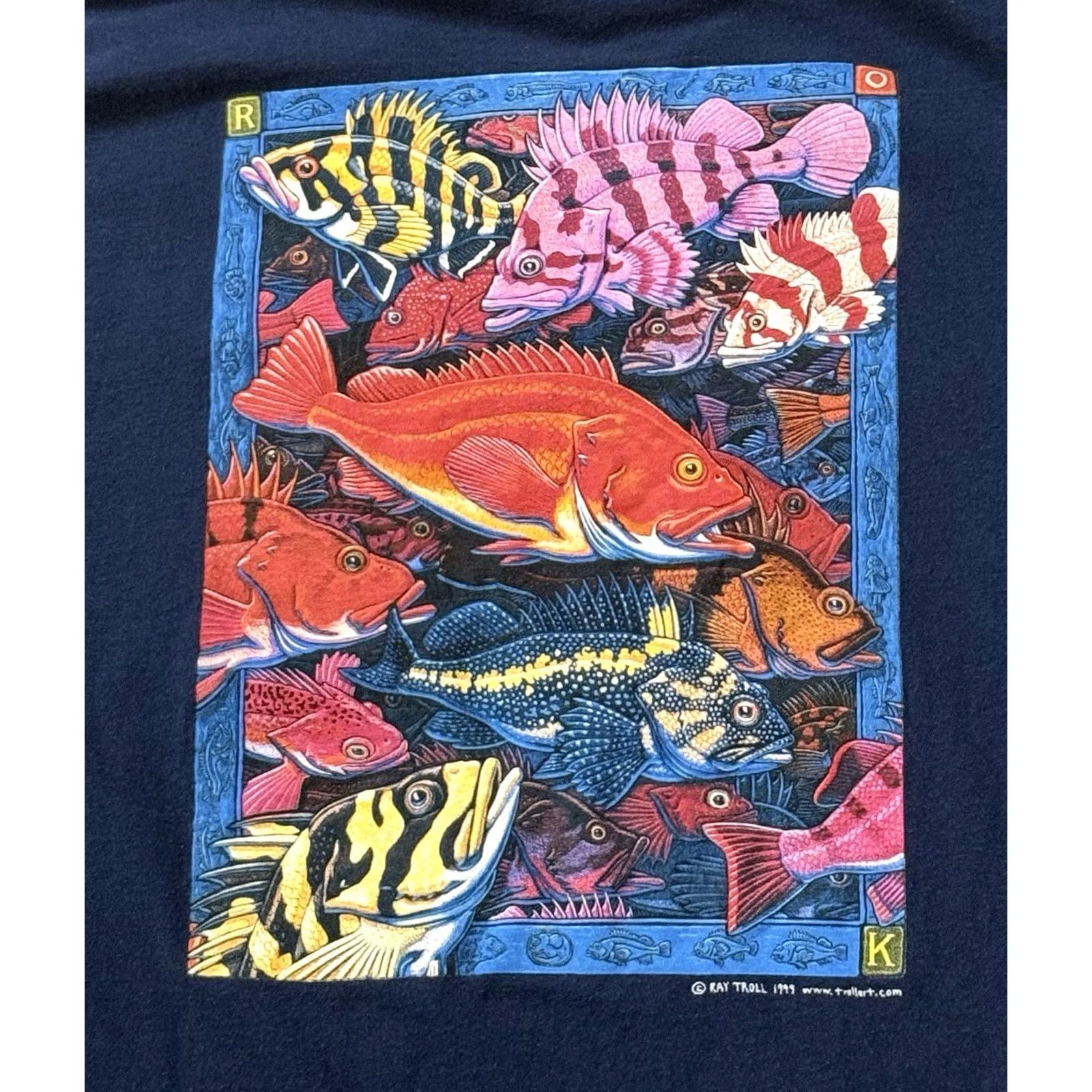 Hanes VINTAGE Ray Troll 'Long Live Rockfish' Art Shirt Large Striped Bass Texas 90s Blue Mens Size US L / EU 52-54 / 3 - 3 Thumbnail