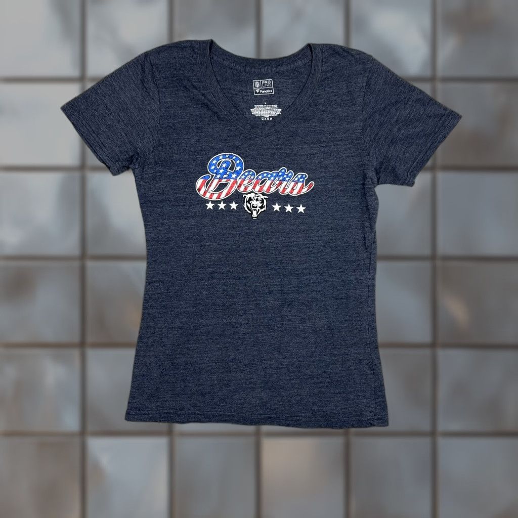 Vintage Fanatics NFL Chicago Bears Women's Large V-Neck T-Shirt Heather Navy Patriotic Football Sports Size L / US 10 / IT 46 - 1 Thumbnail