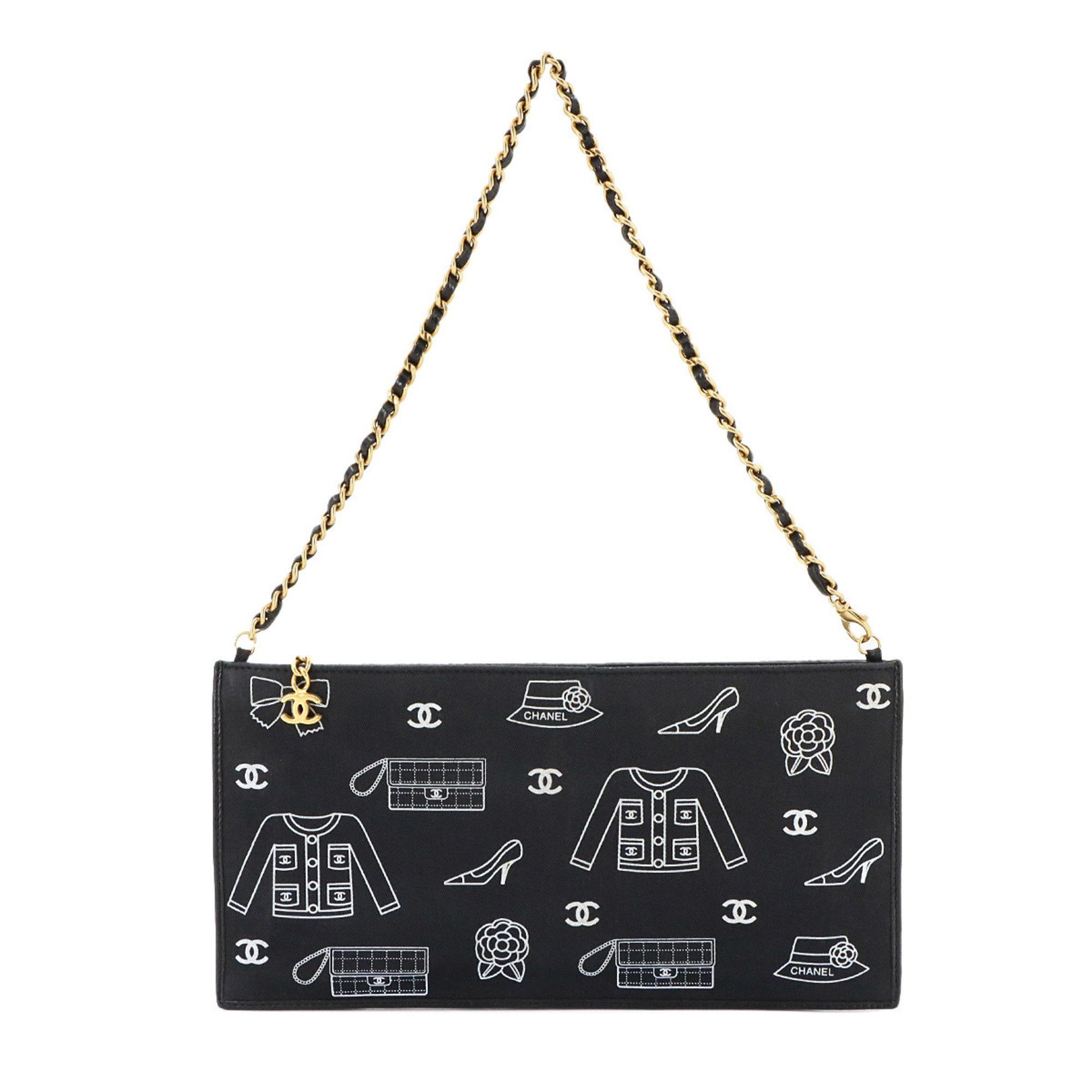 Chanel Icon Print Chain Shoulder Bag Canvas Leather Black, Women's