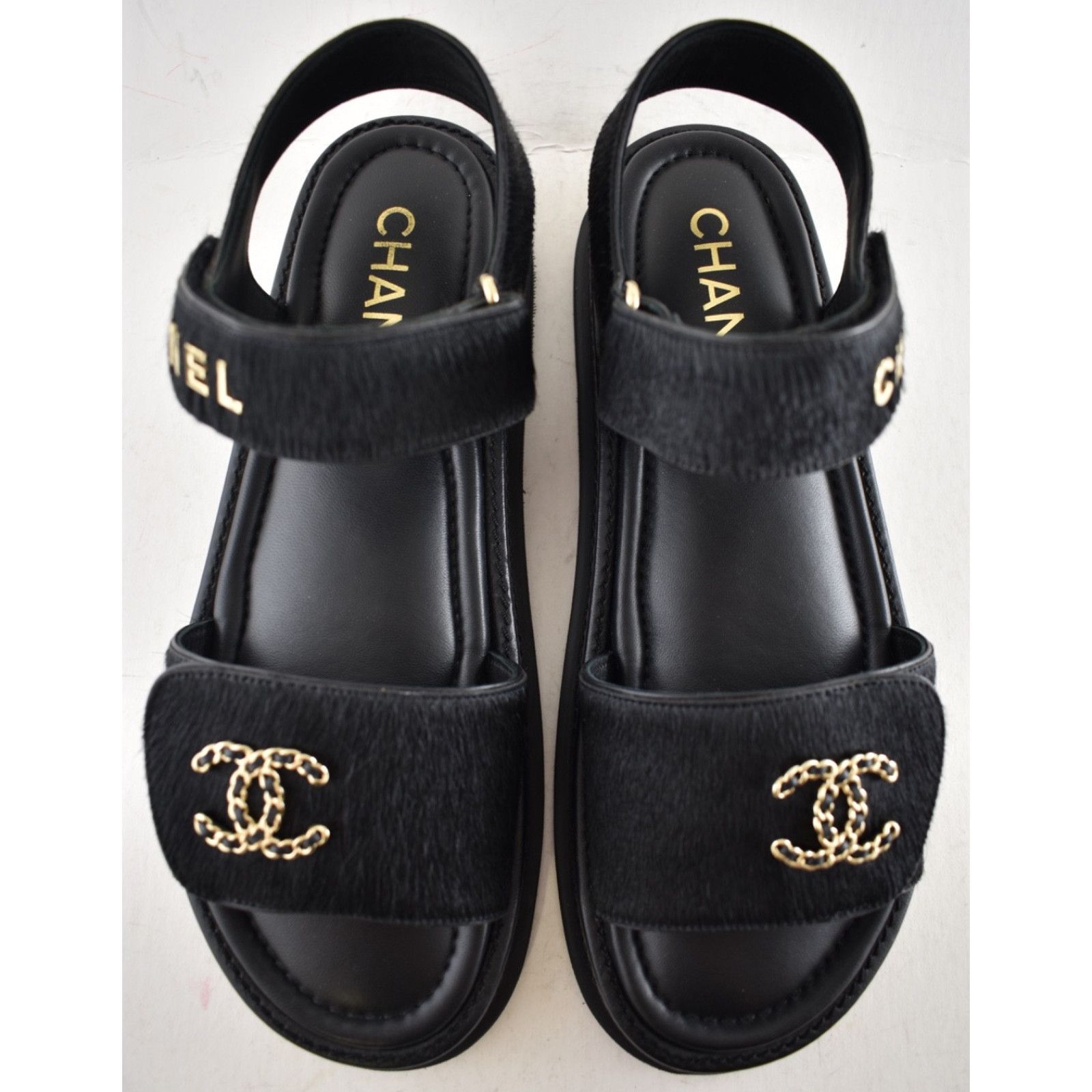 Chanel Chanel 24B Black Calf Hair Gold CC Logo Flat Dad Sandal 36 Size US 5 / IT 35 - 11 Thumbnail