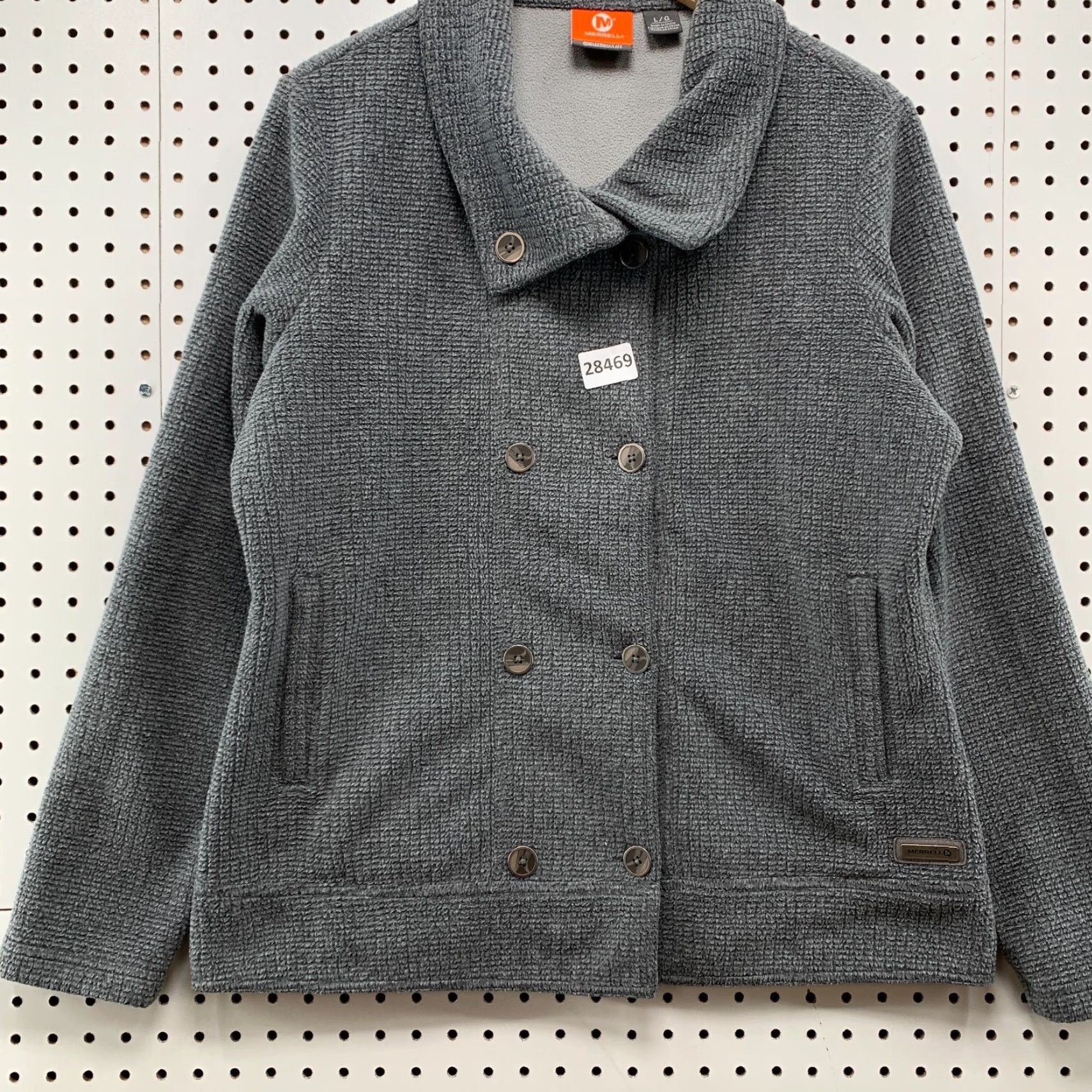 Merrell Knit Jacket Gry Double Breasted Collared Coat Women’s Large 22.5X26.5