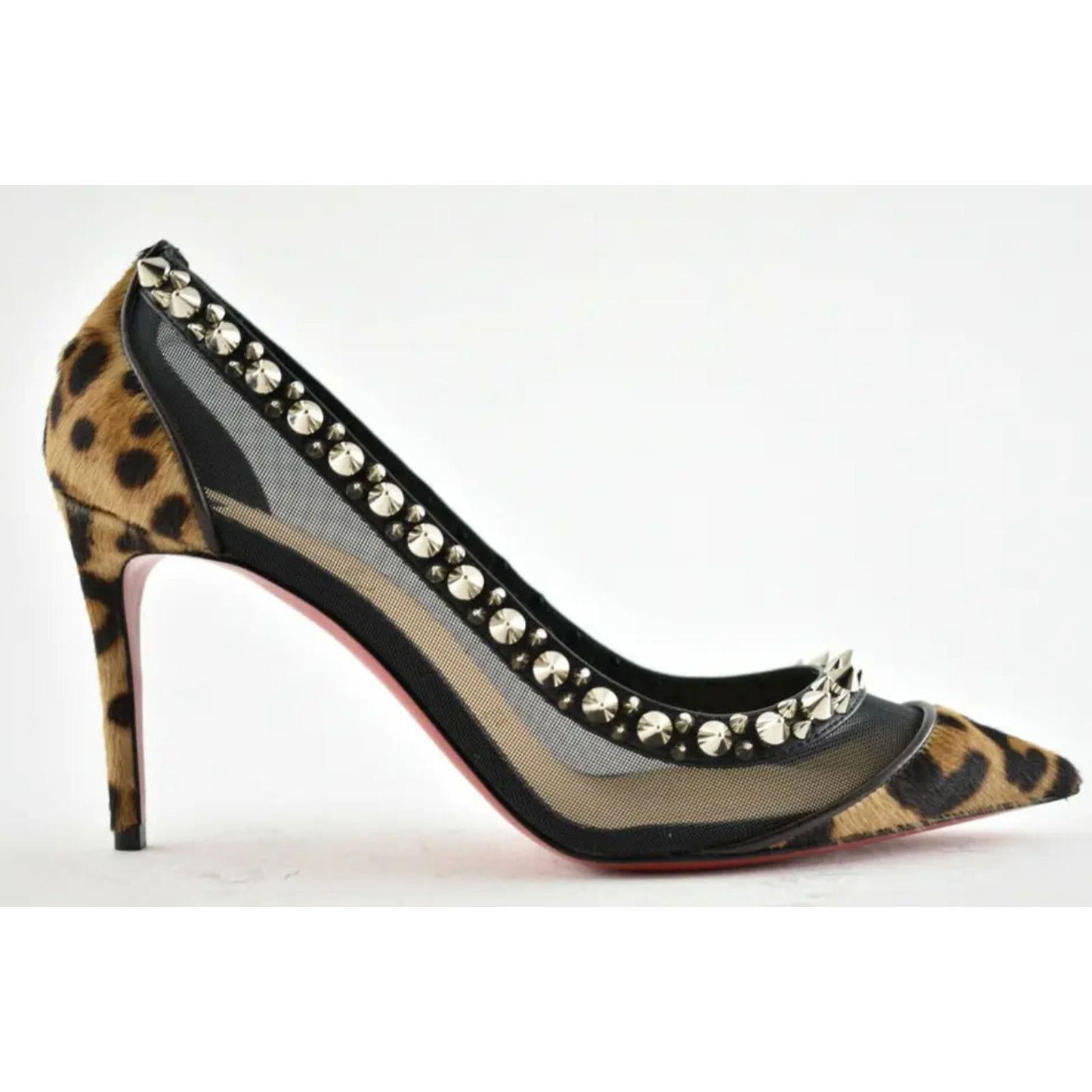 Christian Louboutin Galativi Spikes 85 Black Leopard Mesh Pointed Heel Pump 37 Size US 7 / IT 37 - 2 Thumbnail