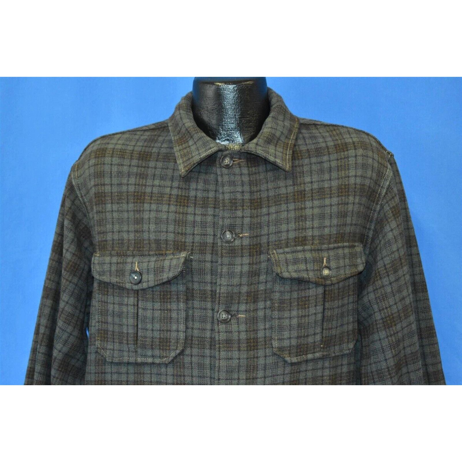 image of Vintage 50S Woolrich Green Brown Plaid Button Front Men's Wool Shirt Size 44 in White