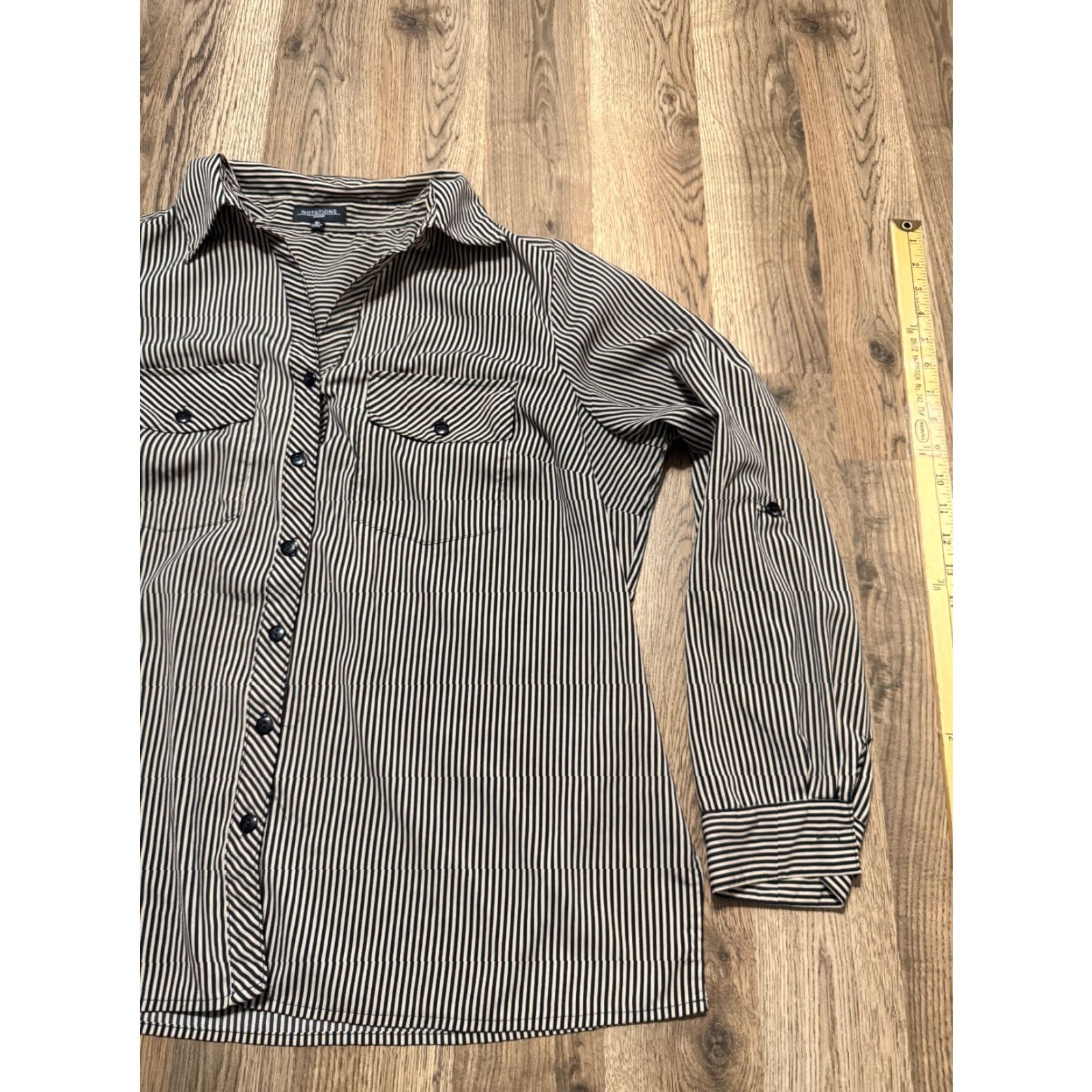 Vintage Notations Shirt, Women's Plus 1X Brown Black Striped Long Sleeve Button Up Shirt Size XL / US 12-14 / IT 48-50 - 4 Thumbnail