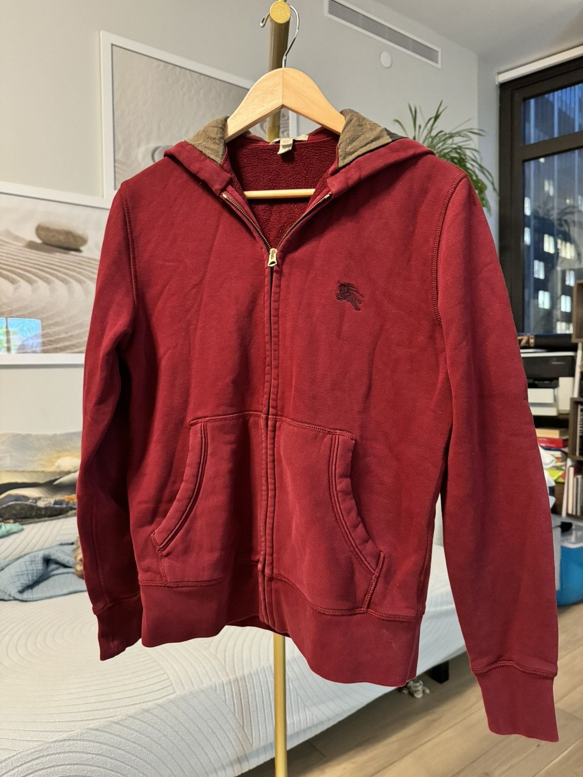 image of Maroon Burberry Brit Zip-Up Hoodie, Men's (Size Small)