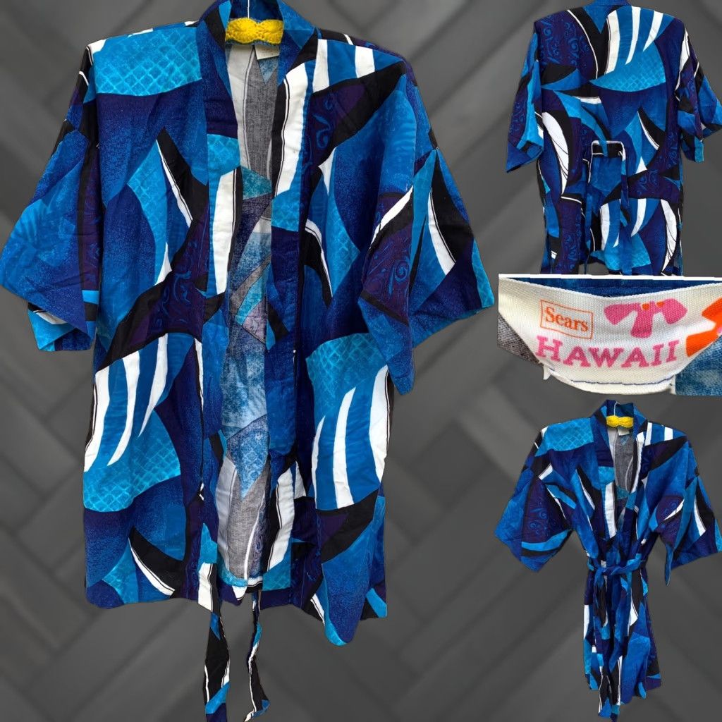 Sears VINTAGE Sears Hawaii Hawaiian Kimono Robe Cover Up L 100% Cotton Blue Beach Sportswear/Beach Size ONE SIZE - 1 Thumbnail