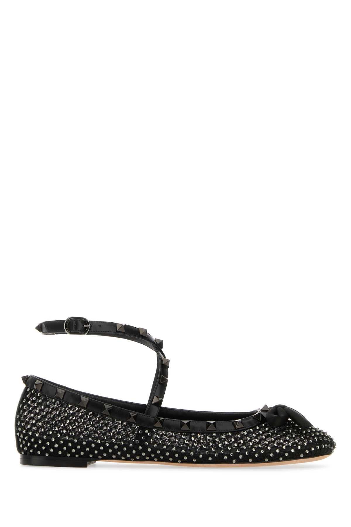 image of Valentino Garavani Black Leather And Mesh Rockstud Ballerinas Shoes, Women's (Size 9)