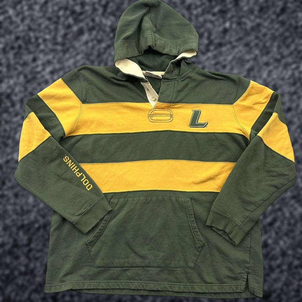 Champion VINTAGE Champion Hoodie Mens XL Yellow Green Rugby La Moyne Dolphins Stripes Pullover Size US XL / EU 56 / 4 - 1 Thumbnail