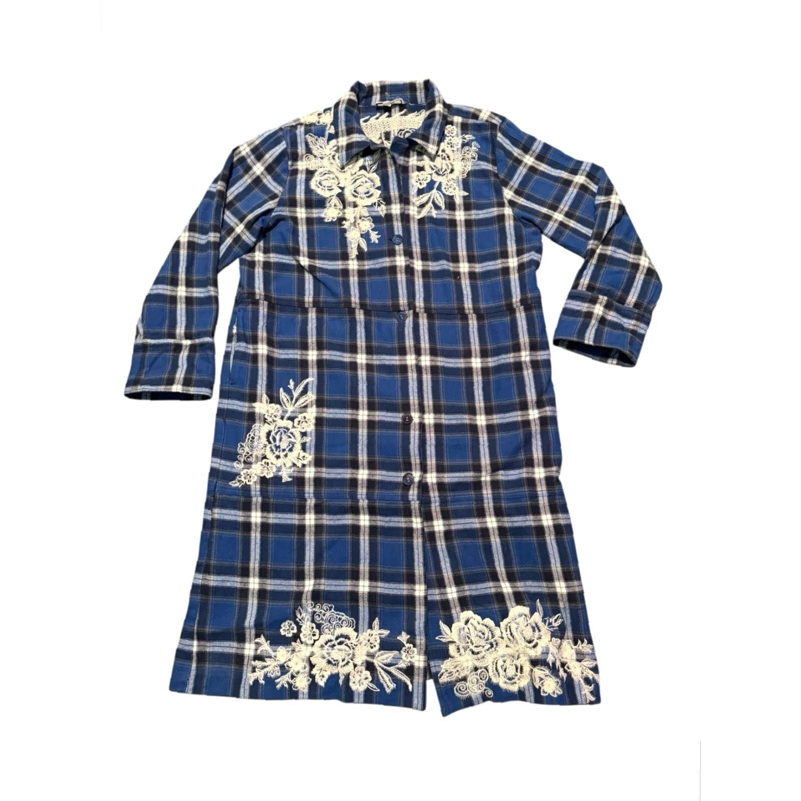 Johnny Was VINTAGE Johnny Was Workshop ALICENT Duster Coat Plaid Floral Embroidered Blue XL Size XL / US 12-14 / IT 48-50 - 2 Thumbnail