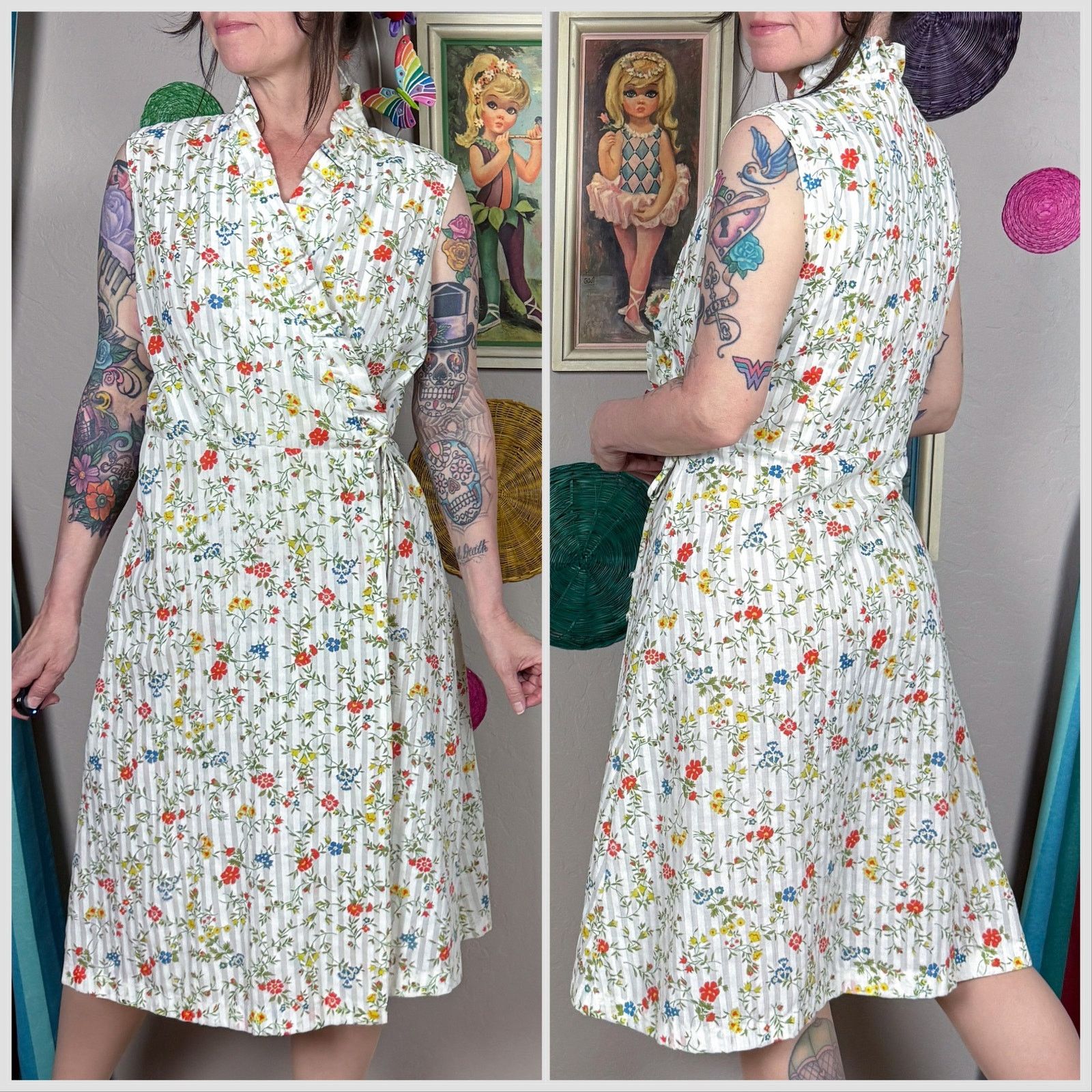 Vintage Vintage 1970s White Floral Sleeveless Cotton Wrap Dress Size M / US 6-8 / IT 42-44 - 3 Thumbnail