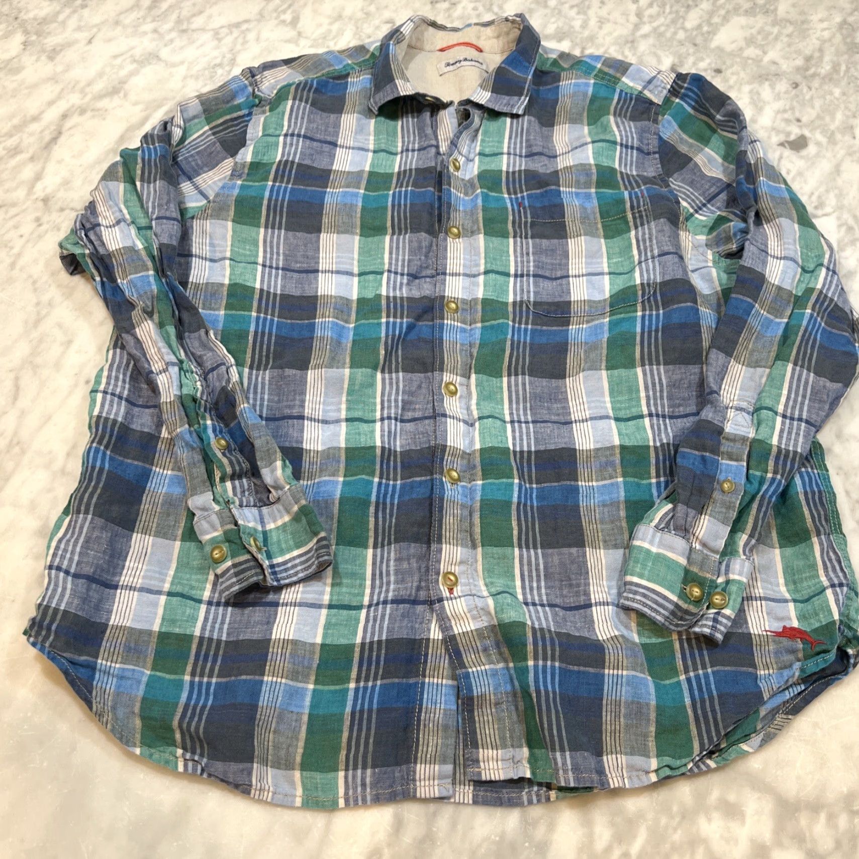 Tommy Bahama Tommy Bahama Linen Shirt Men’s XL Long Sleeve Button Up Blues Greens Plaid Beach Collared Shirt Mens XL Blue Green Linen Button-Up Size US XL / EU 56 / 4 - 2 Thumbnail