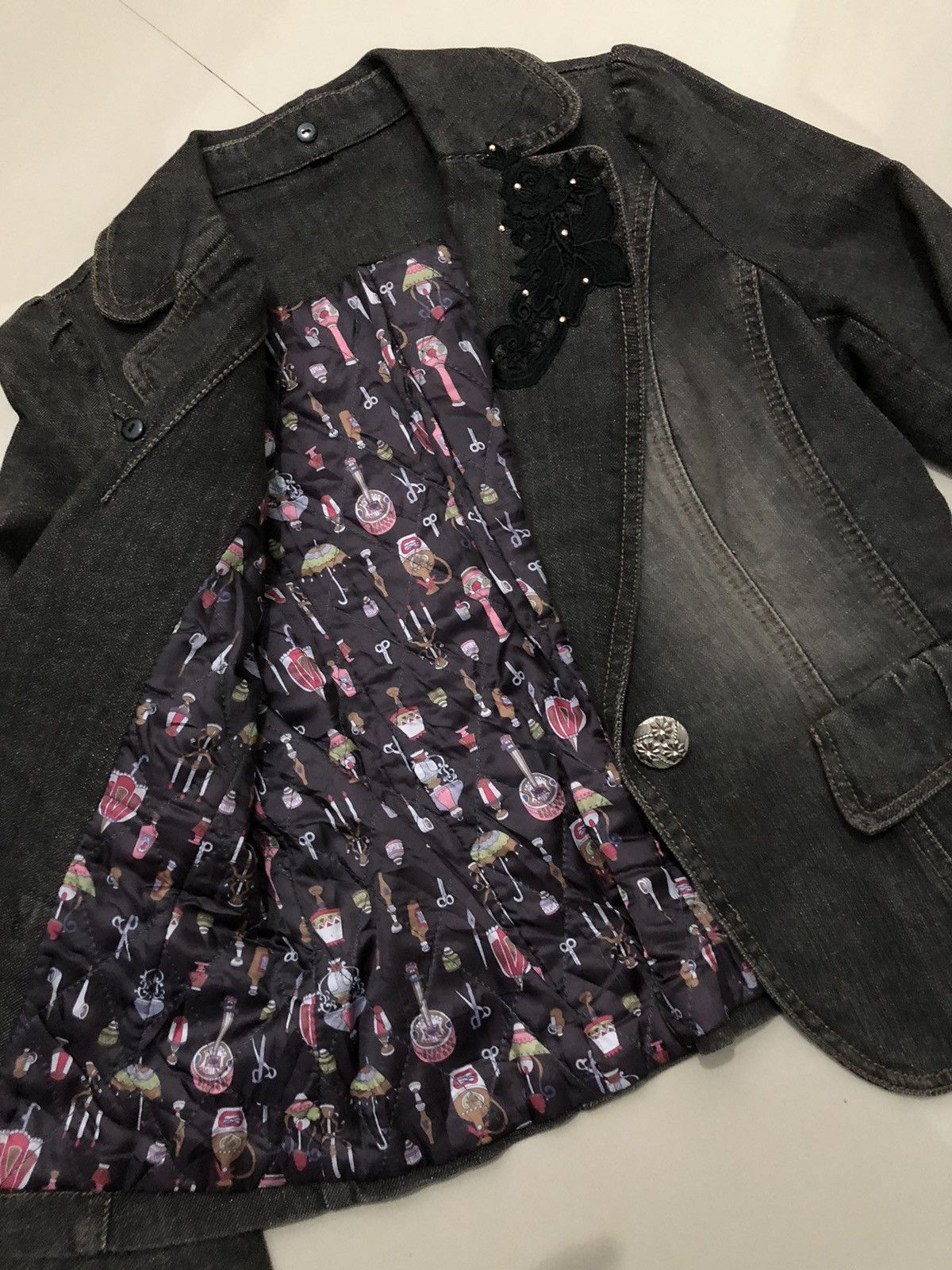 14th Addiction Vintage Black Denim Blazer Jacket with Floral Embroidery Size S / US 4 / IT 40 - 8 Thumbnail