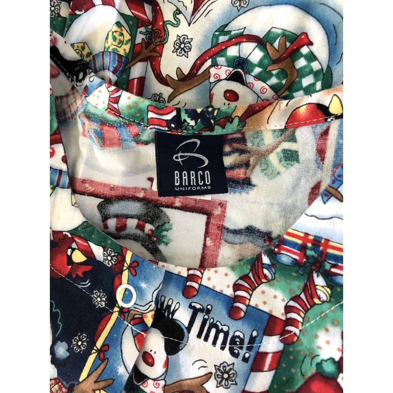 Vintage Barco Scrubs Top M Christmas Holiday Print LongSleeve Pockets Snap Front Snowman Womens) Size US M / EU 48-50 / 2 - 5 Thumbnail