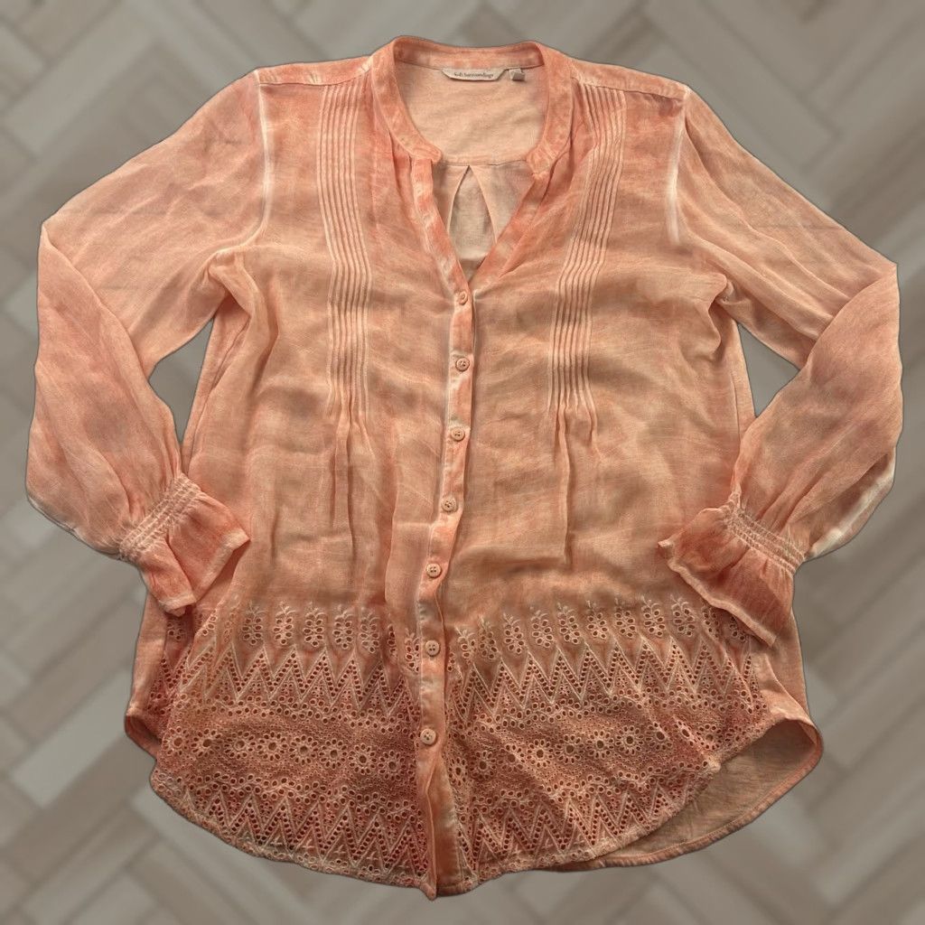 Soft Surroundings Soft Surroundings Shirt Women's Medium Orange Button-Up Long Sleeve Watercolor Family? Size M / US 6-8 / IT 42-44 - 1 Thumbnail