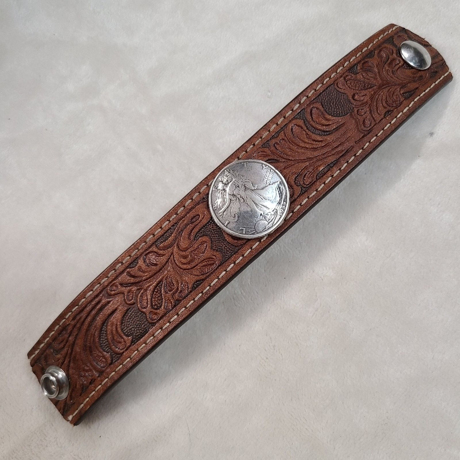 image of Vintage 1935 Walking Liberty Coin On Tooled Leather Cuff Bracelet in Brown, Women's