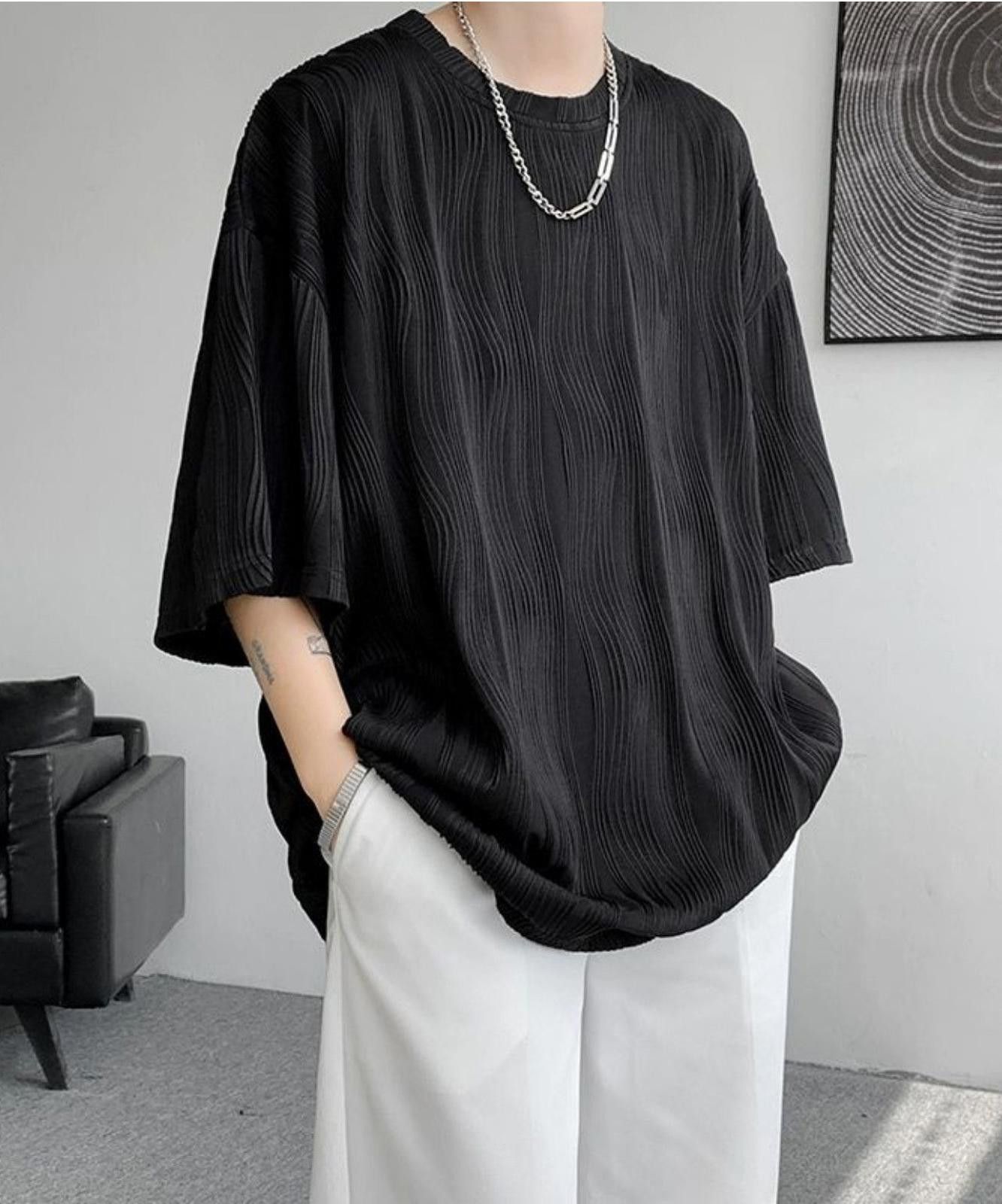 Other Korean Black Wave Pleated Oversized Relaxed Tee T-shirt Size US XL / EU 56 / 4 - 2 Thumbnail