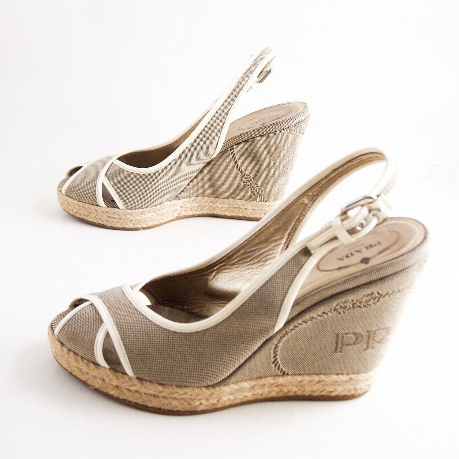 Prada Prada Wedge Sandals Brown Canvas Leather US 10.5 EU 40.5 Size US 10.5 / IT 40.5 - 2 Thumbnail