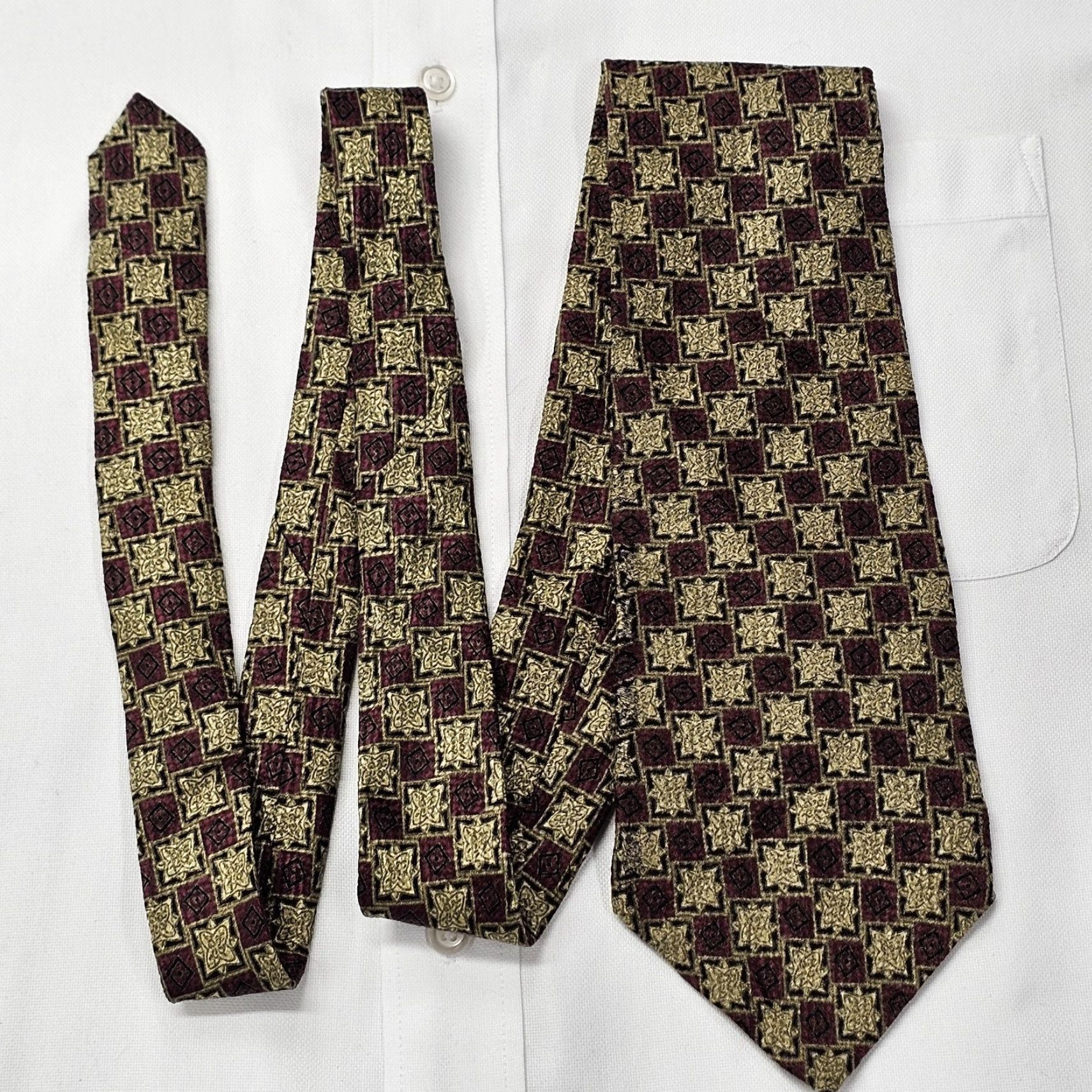 Vintage Roberto Villini Tie Geometric Silk Gold Burgandy Black 56" 4.25" Necktie Men’s Designer Silk Tie Size ONE SIZE - 3 Thumbnail