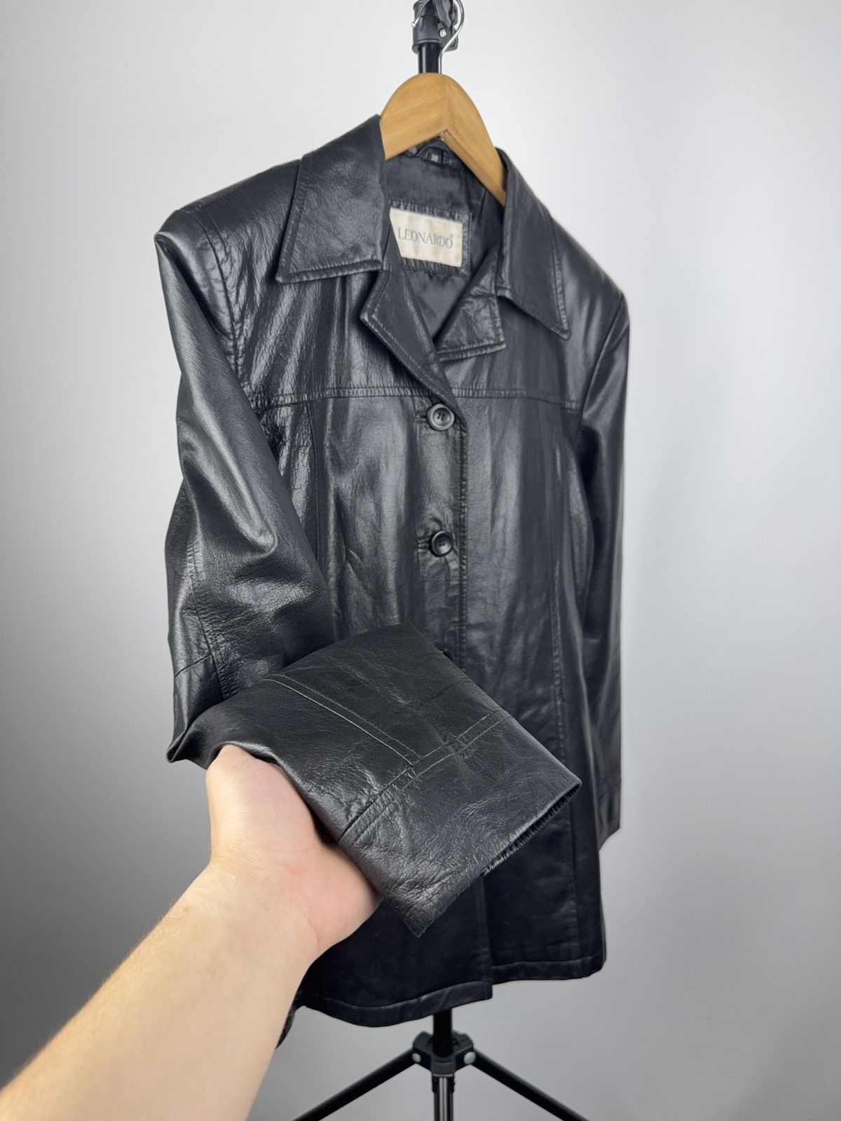 Leather × Vintage Vintage Leather Coat Minimal Black Blazer Jacket Y2K 90s Size M / US 6-8 / IT 42-44 - 2 Thumbnail
