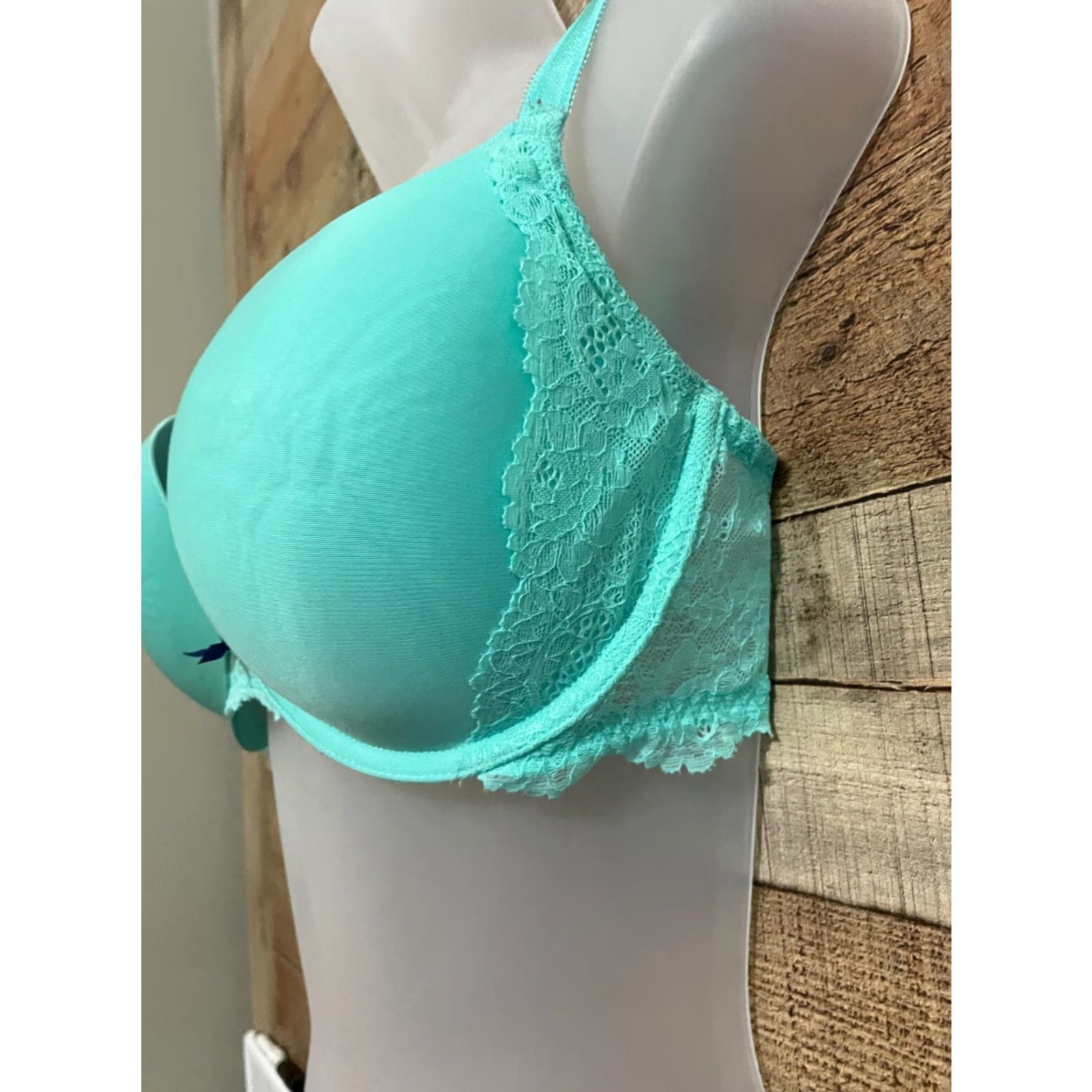 Victoria's Secret VICTORIA'S SECRET DREAM ANGELS PUSH UP Bra Teal 34DD Blue Lace 34DD Womens Underwired Padded Adjustable Back Closure Full Coverage Rhinestone Size ONE SIZE - 2 Thumbnail