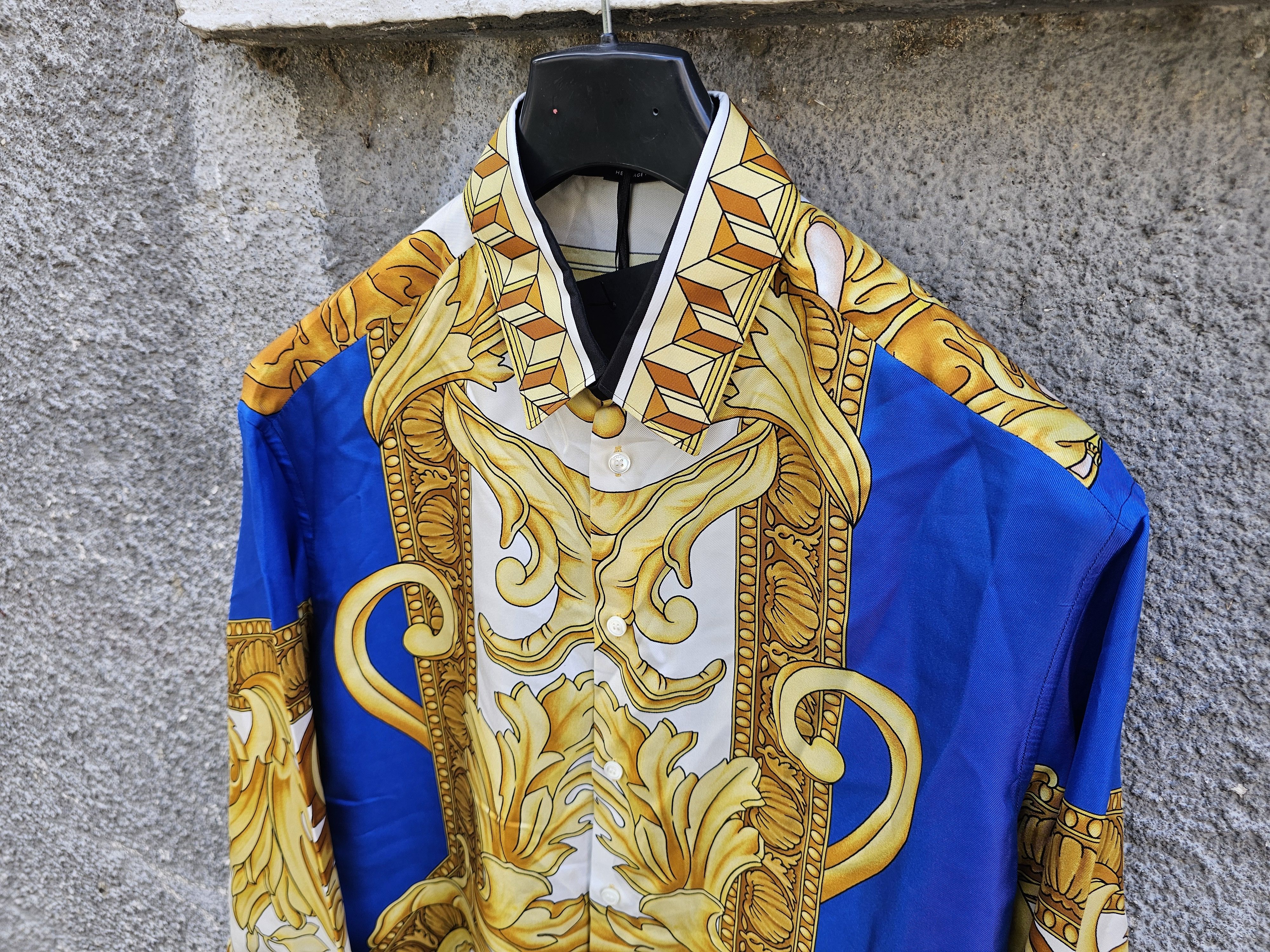 Versace $1350 VERSACE Gold and Blue Floral Baroque Medusa Silk Shirt Size 52L - 2 Thumbnail