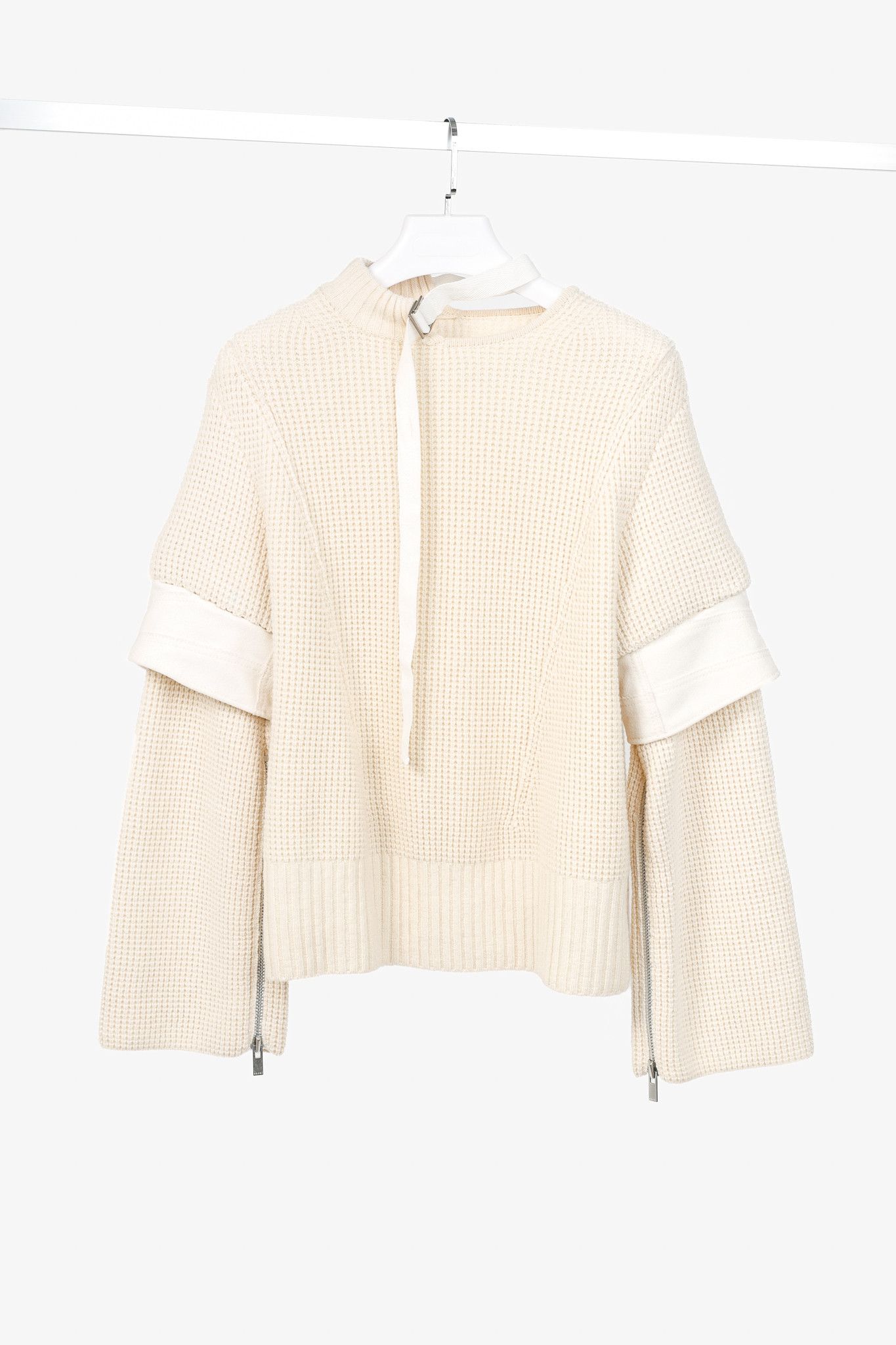 Sacai Sacai AW/16 Cream Wool Waffle-Knit Tie-Neck Sweater Size XL / US 12-14 / IT 48-50 - 1 Thumbnail