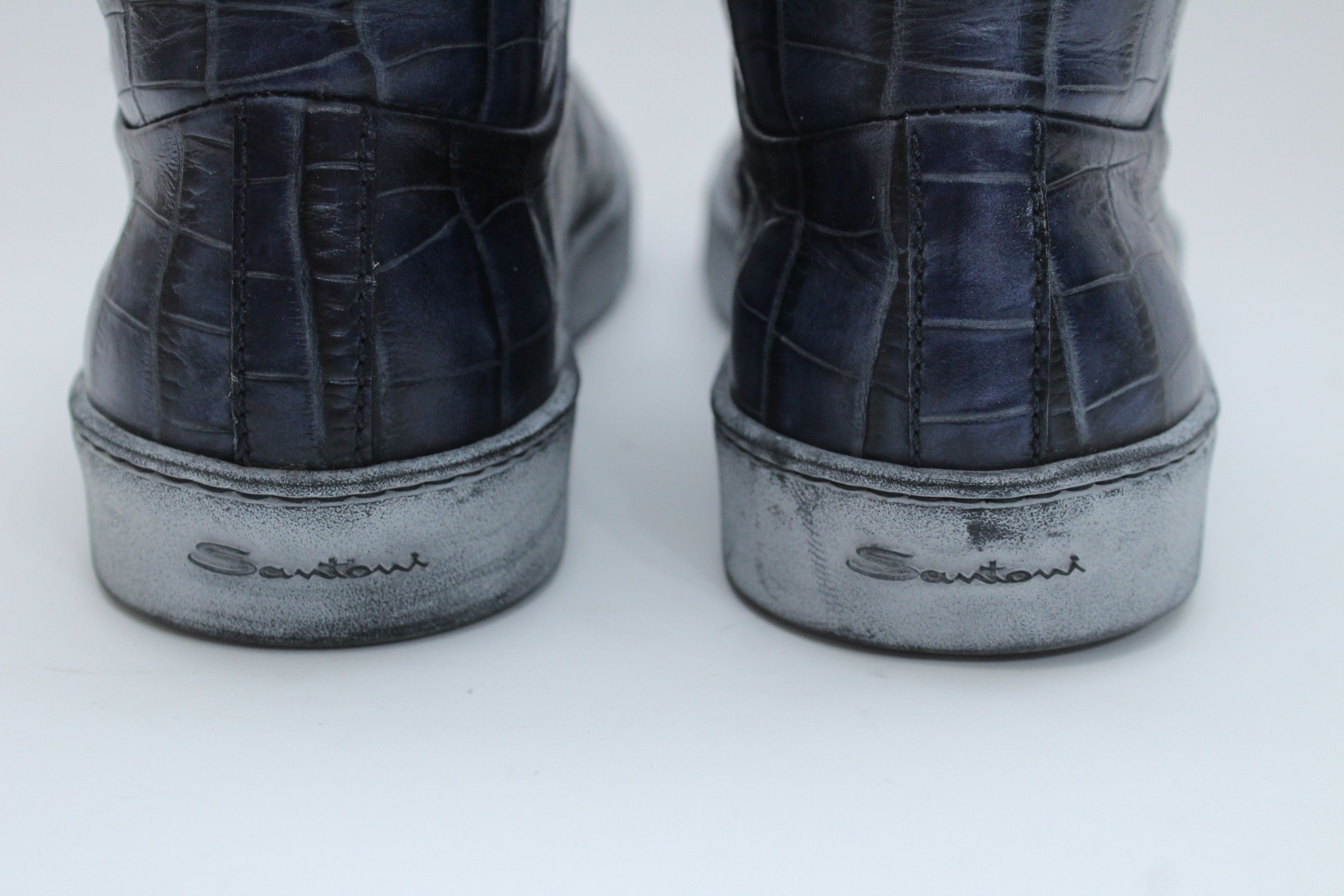 Santoni Santoni Navy Crocodile Embossed Leather Fur Lined Sneakers Size US 8 / EU 41 - 12 Thumbnail