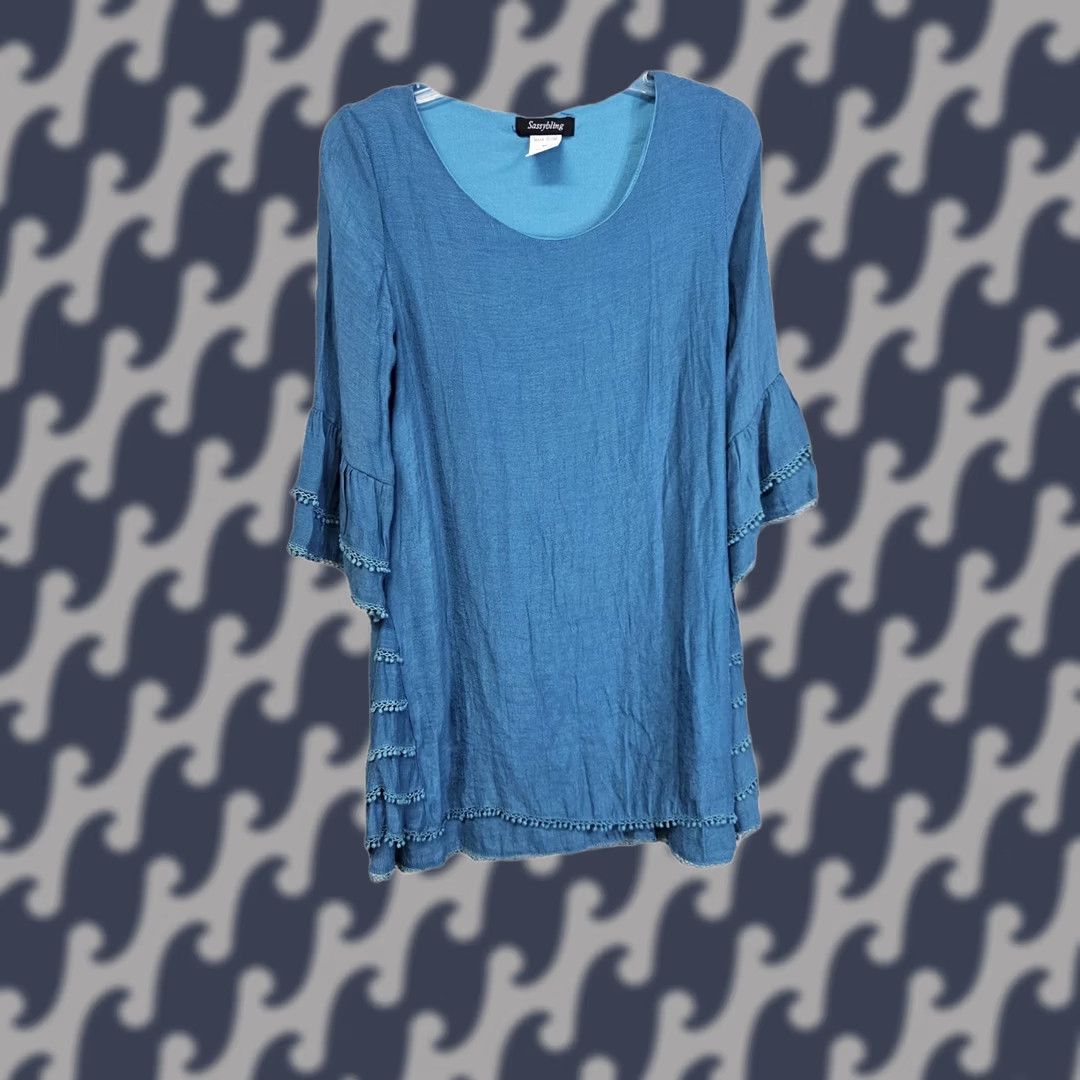 Bell Sassybling Blouse Bell Sleeves Teal Boho Round Neck 3/4 Sleeve Small Womens Tunic Blouse Shirt Size S / US 4 / IT 40 - 1 Thumbnail