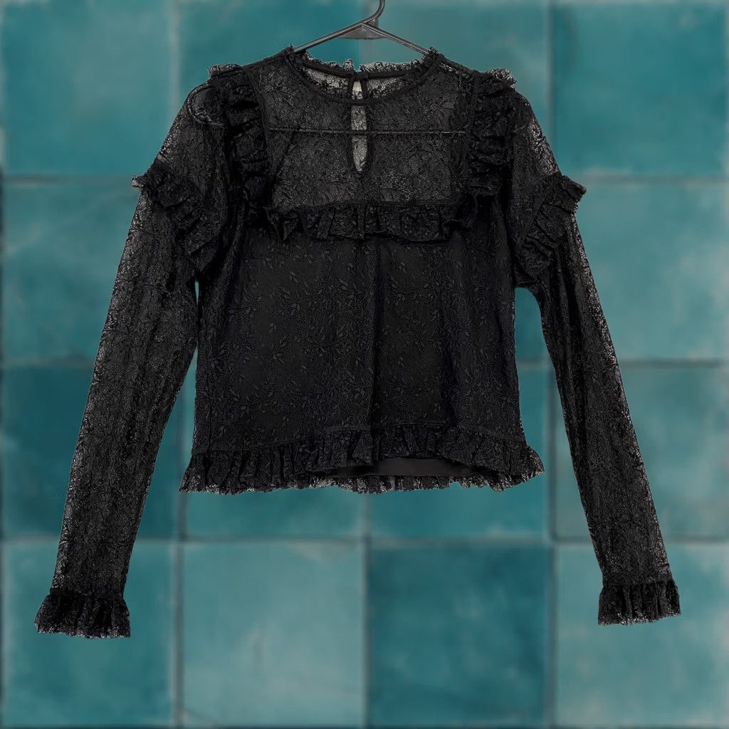 Vintage Audrey Parks Blouse Womens Small Lace Goth Victorian Y2K Floral Crew Neck Long Sleeve Ruffle Button Sheer Back Lined Black Size S / US 4 / IT 40 - 1 Thumbnail