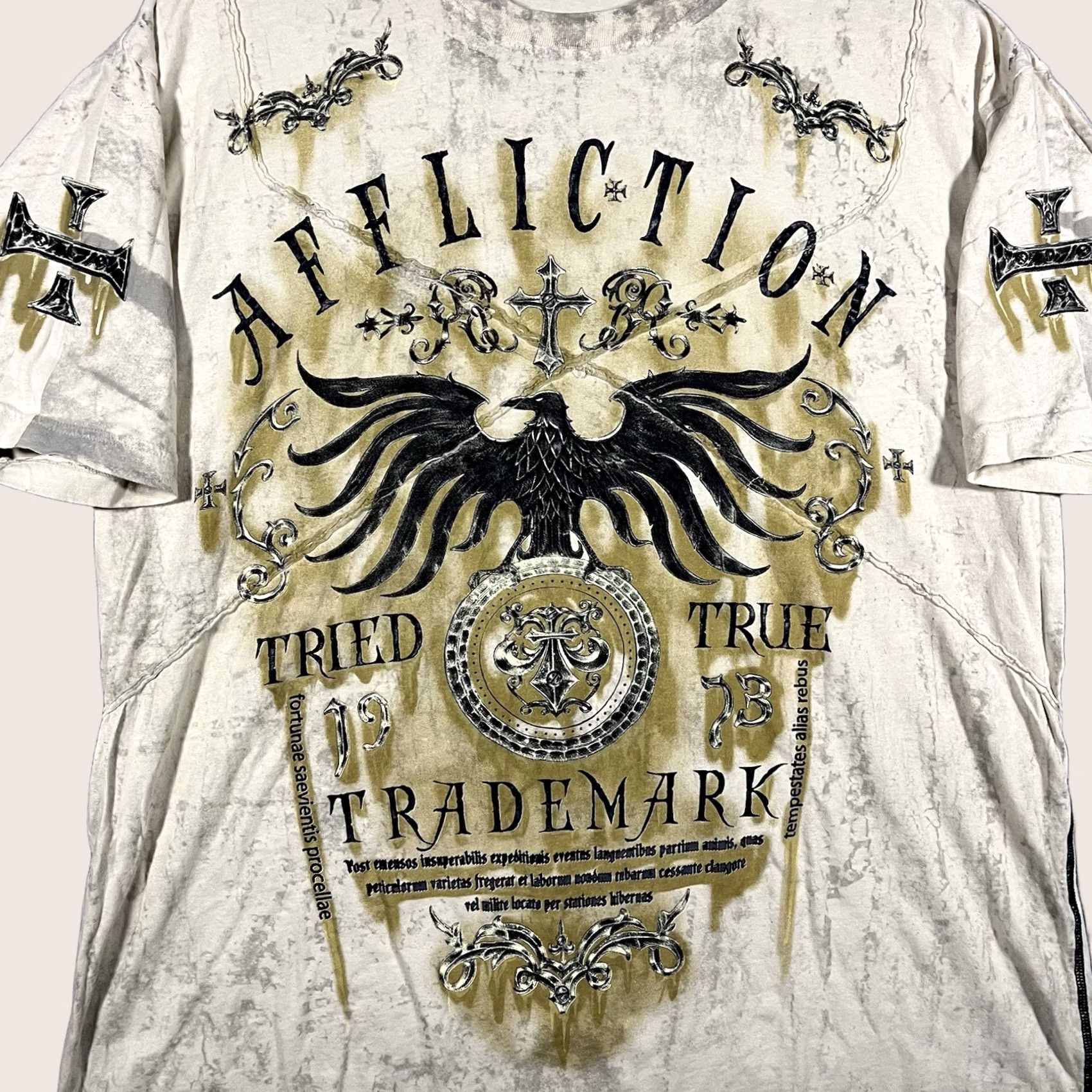 Affliction Affliction Shirt Men 2XL Crew Neck Short Sleeve Graphic Print Logo Biker Grunge Y2K Vtg Ivory USA Rock Size US XXL / EU 58 / 5 - 1 Thumbnail
