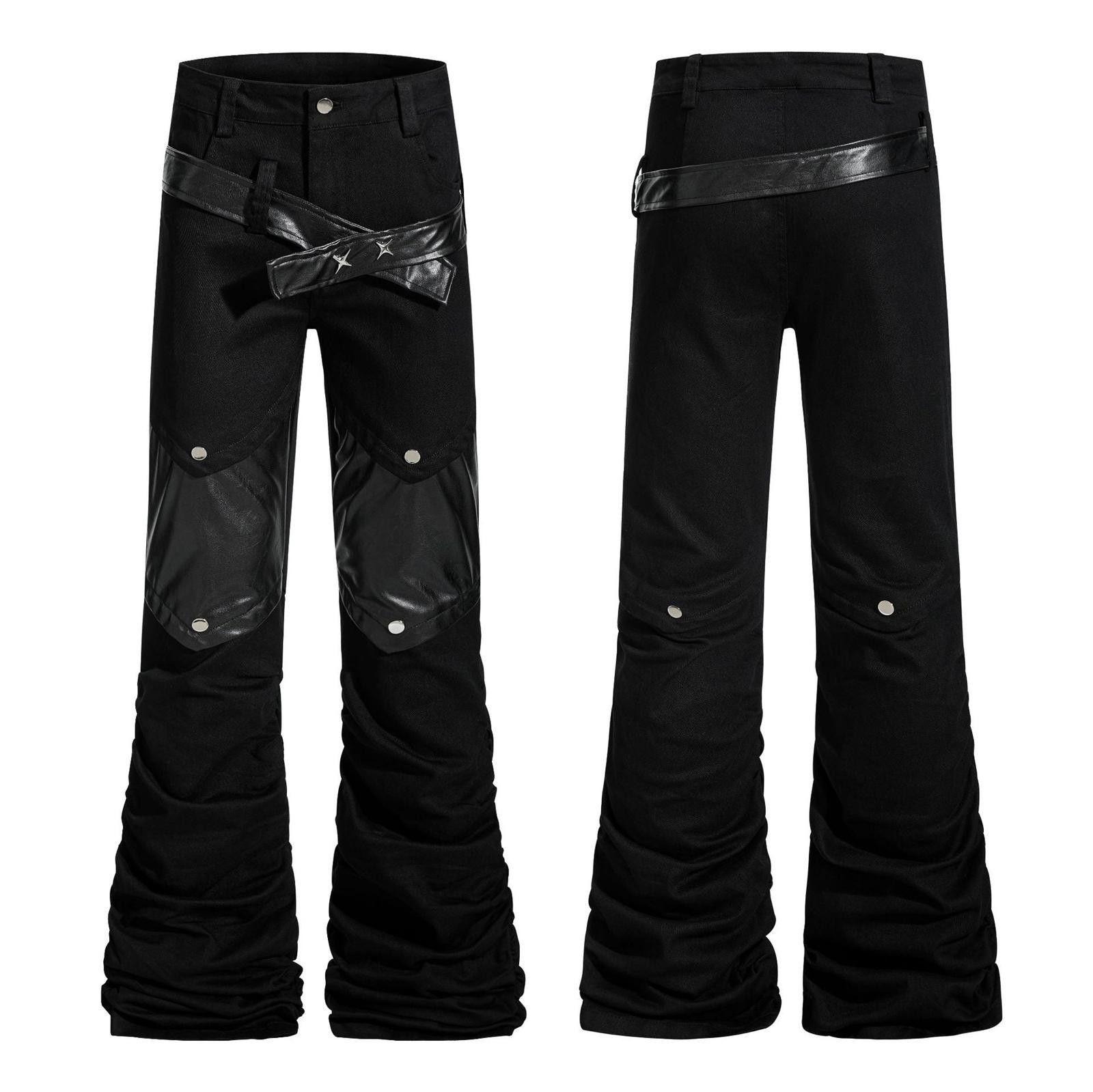 Japanese Brand Black Cargo Flared Pants with Leather Detail, Stacked Fit Size US 30 / EU 46 - 4 Thumbnail