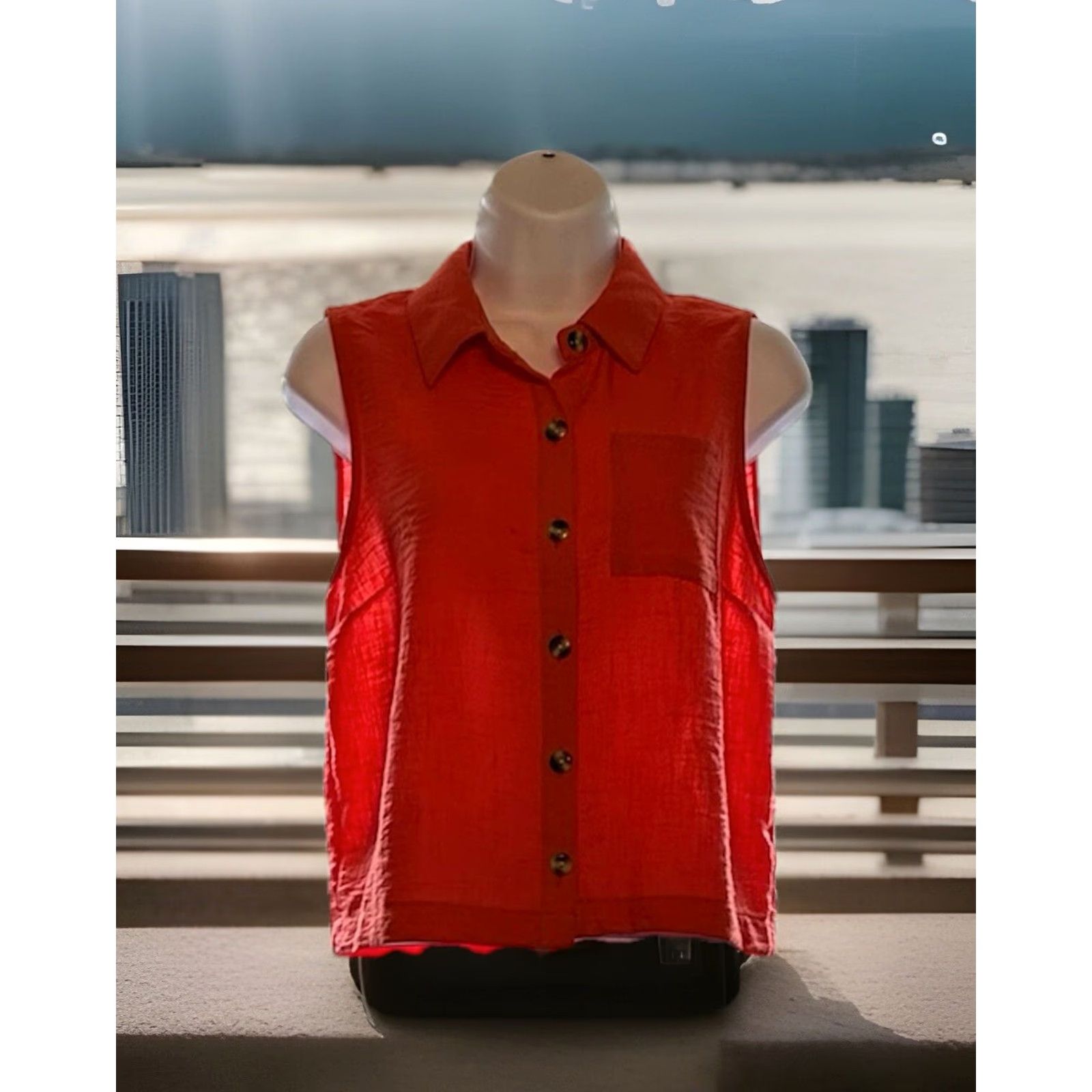 Vintage Monteau Los Angeles Tank Top Shirt Women Medium Coral Sleeveless Button Up Collared Knit Polyester Casual Party/Cocktail Womens Size M / US 6-8 / IT 42-44 - 6 Thumbnail