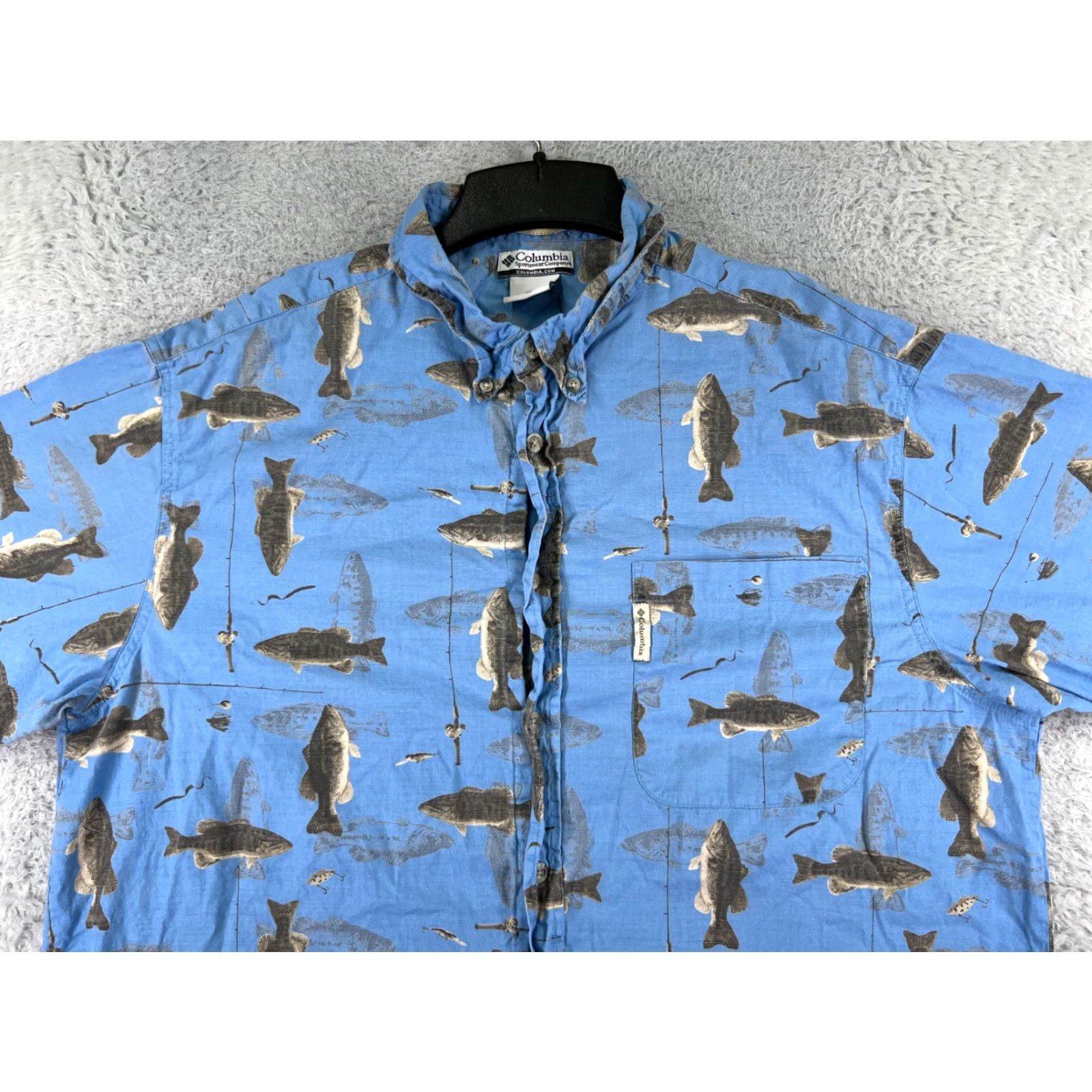 Vintage Columbia Shirt Men 2XL Blue Button Up Fish Pattern Casual Button-Up Cotton Short Sleeve MENS Size US XXL / EU 58 / 5 - 7 Thumbnail