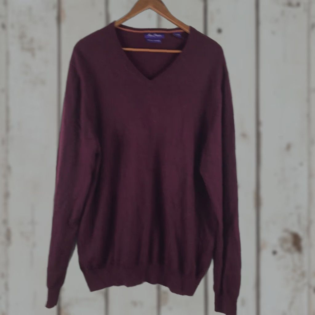 Vintage VINTAGE Alan Flusser Men’s Sweater Pullover Knit V-Neck Cashmere Cotton Fall Winter Spring Size L Burgundy Size US L / EU 52-54 / 3 - 1 Thumbnail