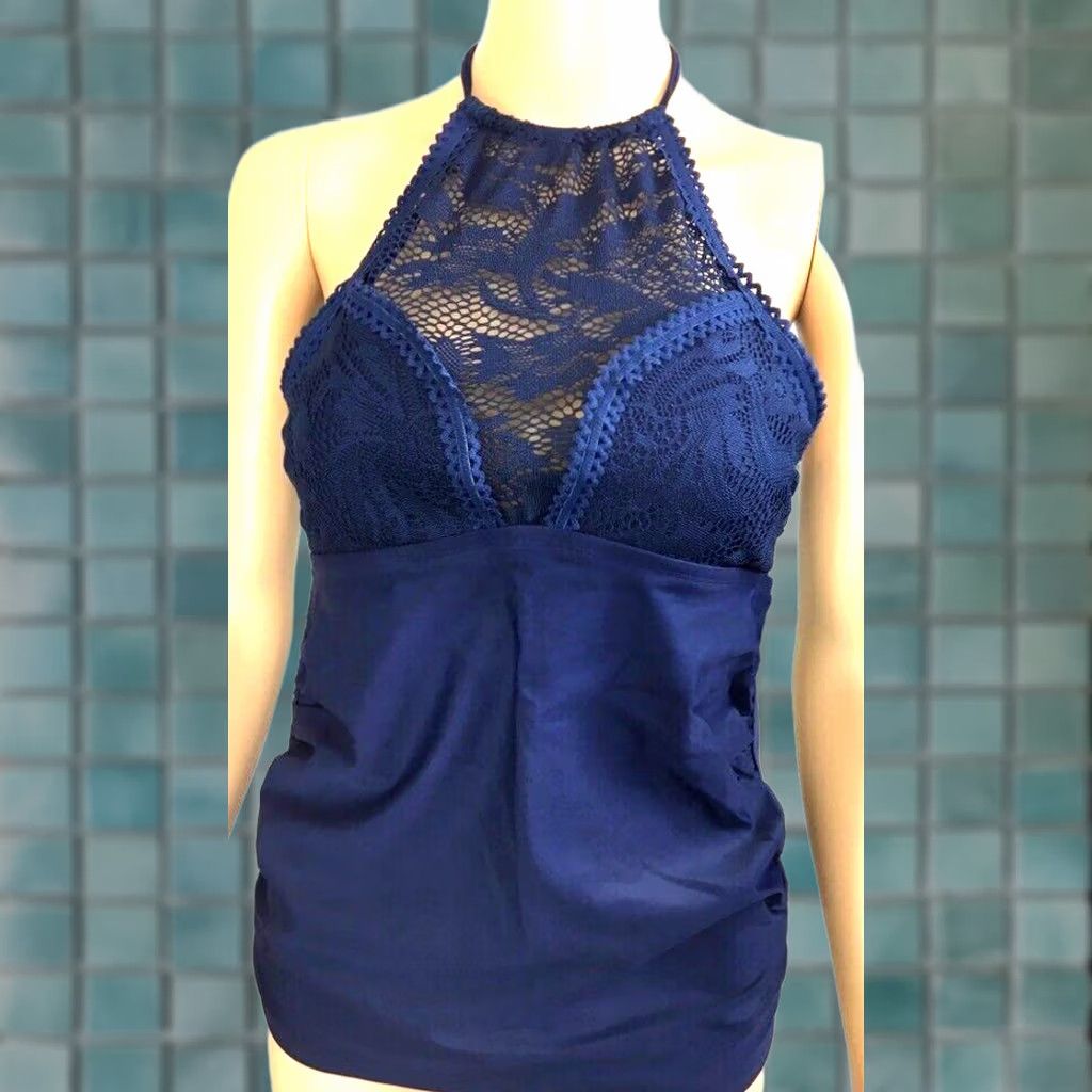 Vintage Coastal Blue Bodice Sleeveless Halter Womens SZ S Tankini Top Navy Lace Top New Size S / US 4 / IT 40 - 1 Thumbnail