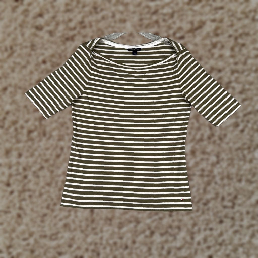 Tommy Hilfiger VINTAGE Tommy Hilfiger Shirt Women Large Green White Stripe Boat Neck Cotton Blend Size L / US 10 / IT 46 - 1 Thumbnail