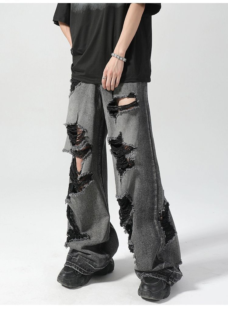 Japanese Brand Men's loose distressed wide-leg Japanese ripped jeans Size US 32 / EU 48 - 2 Thumbnail