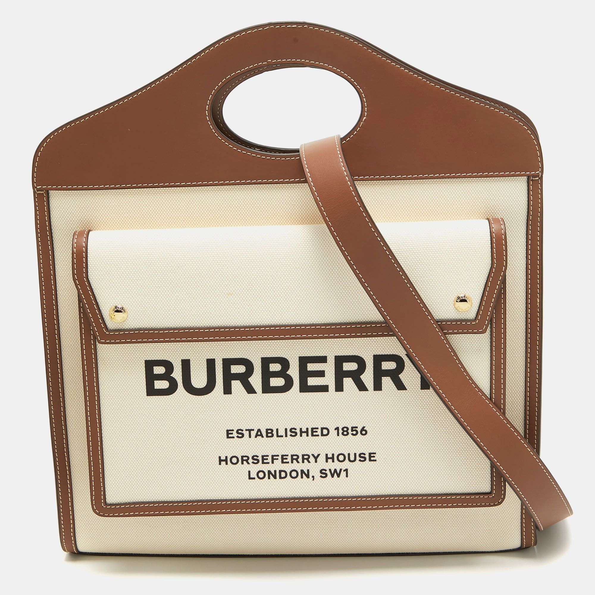 image of Burberry Dark Brown/beige Canvas And Leather Medium Pocket Bag in White, Women's