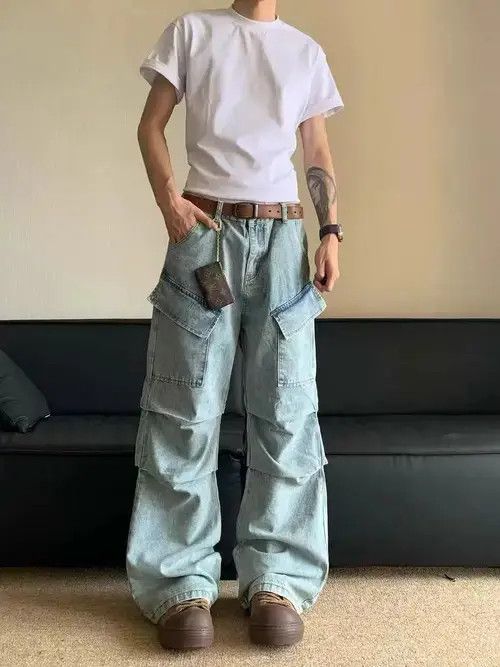 Jean Street style side pocket pleated design washed baggy jeans Size US 34 / EU 50 - 2 Thumbnail