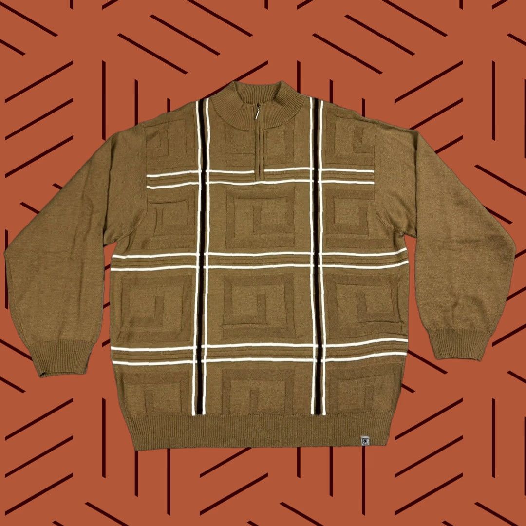 Stacy Adams Stacy Adams Designer Sweater 3XLT Big & Tall Adult Beige Knit 1/4 Zip Plaid Mens Size US XXL / EU 58 / 5 - 1 Thumbnail