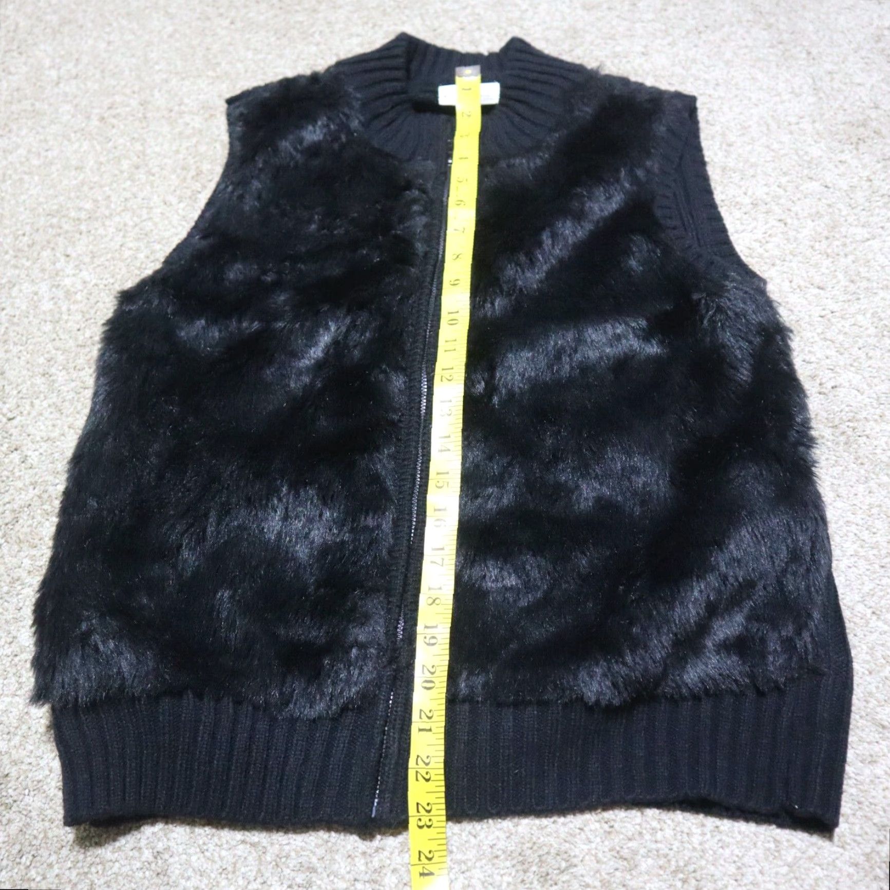 Vintage Kim Rogers Vest Women PL Black Faux Fur Knit Back Ribbed Stretch Zip Size L / US 10 / IT 46 - 7 Thumbnail