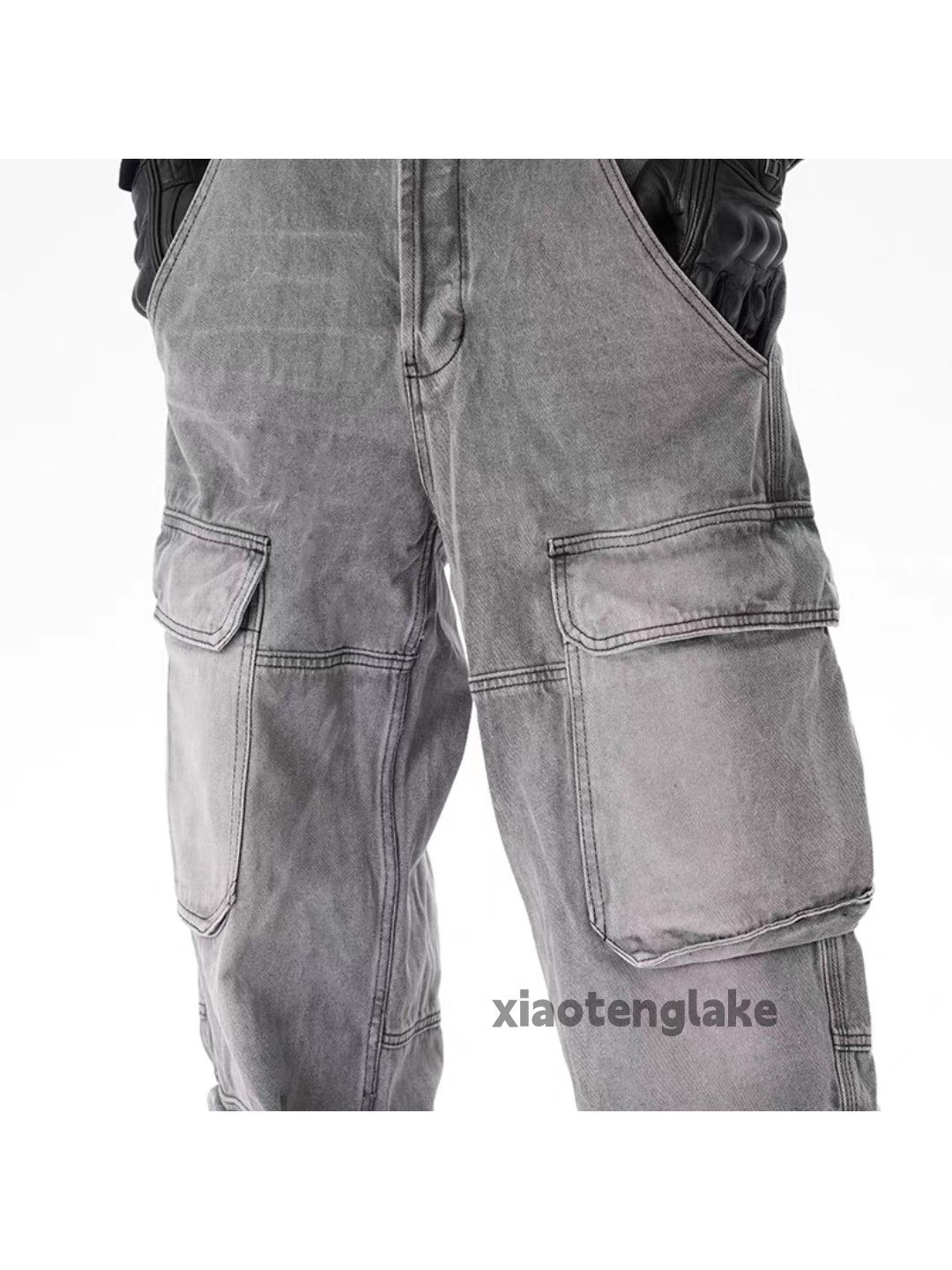 unisex washed faded loose baggy skate cargo jeans
