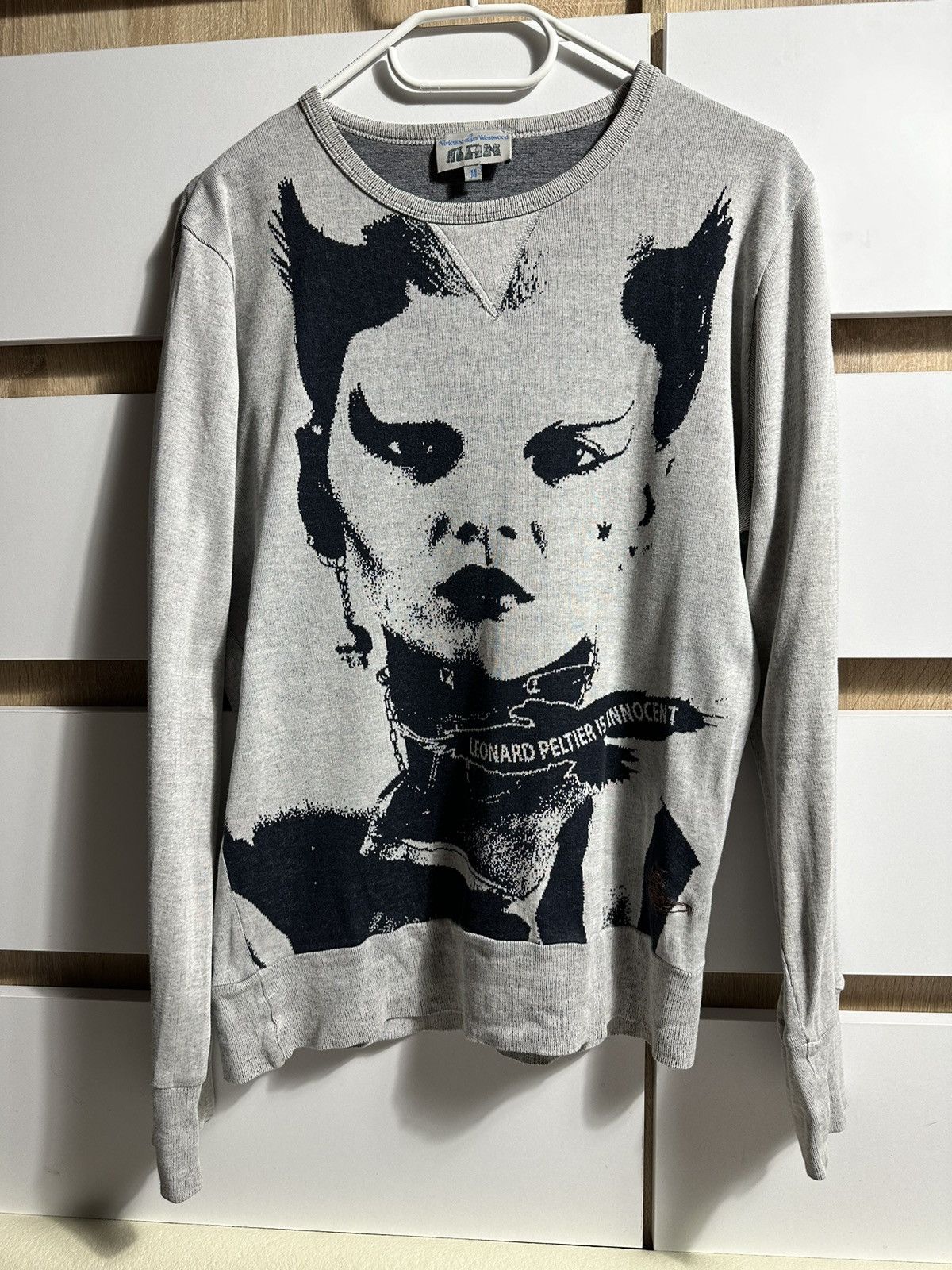 image of Avant Garde x Vivienne Westwood Mens Crewneck Vivienne Westwood Man Leonard Peltier Print in Grey (