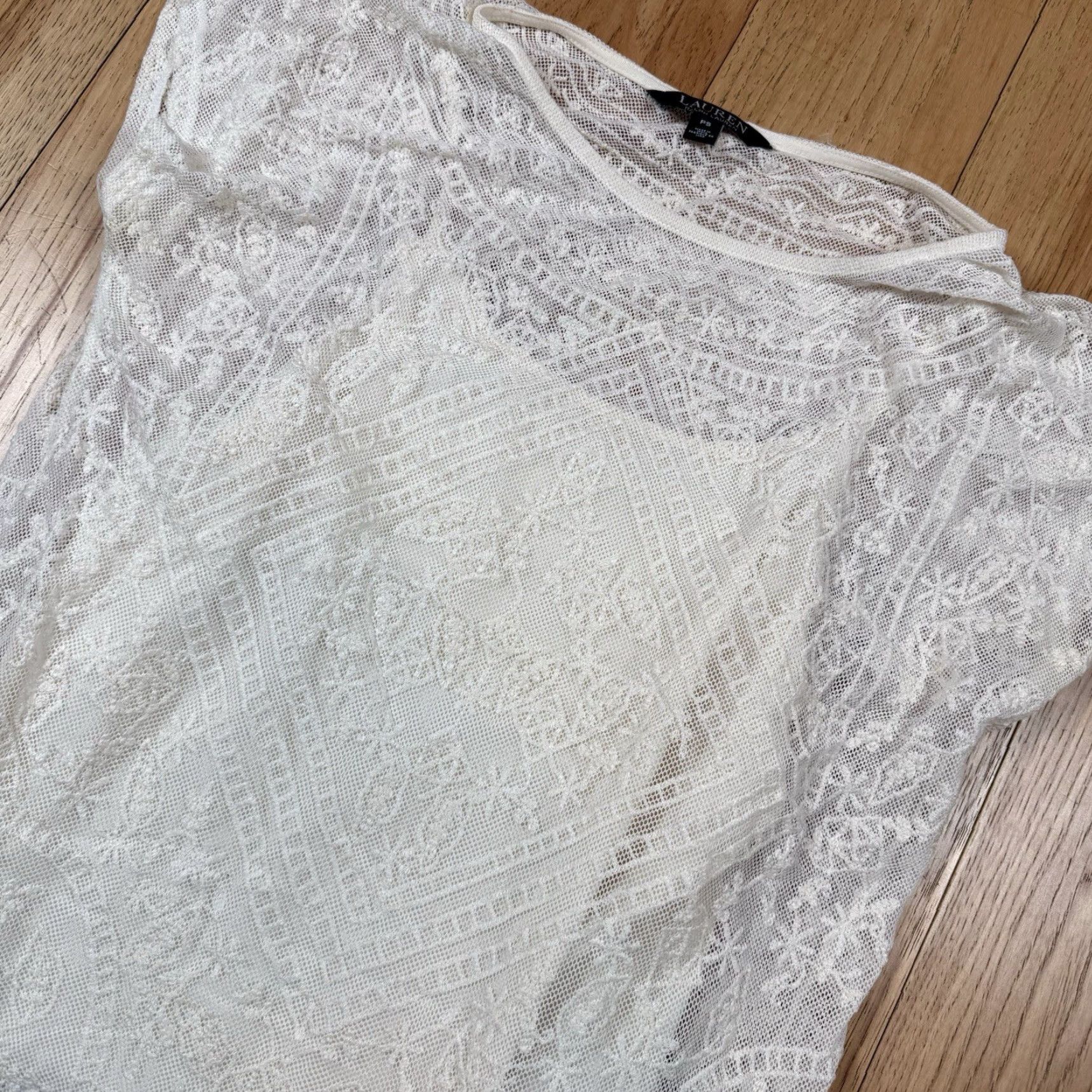Ralph Lauren Lauren Ralph Lauren Blouse Women L Knit Crochet Lace Overlay Scoop Neck White (Summer) Size L / US 10 / IT 46 - 2 Thumbnail