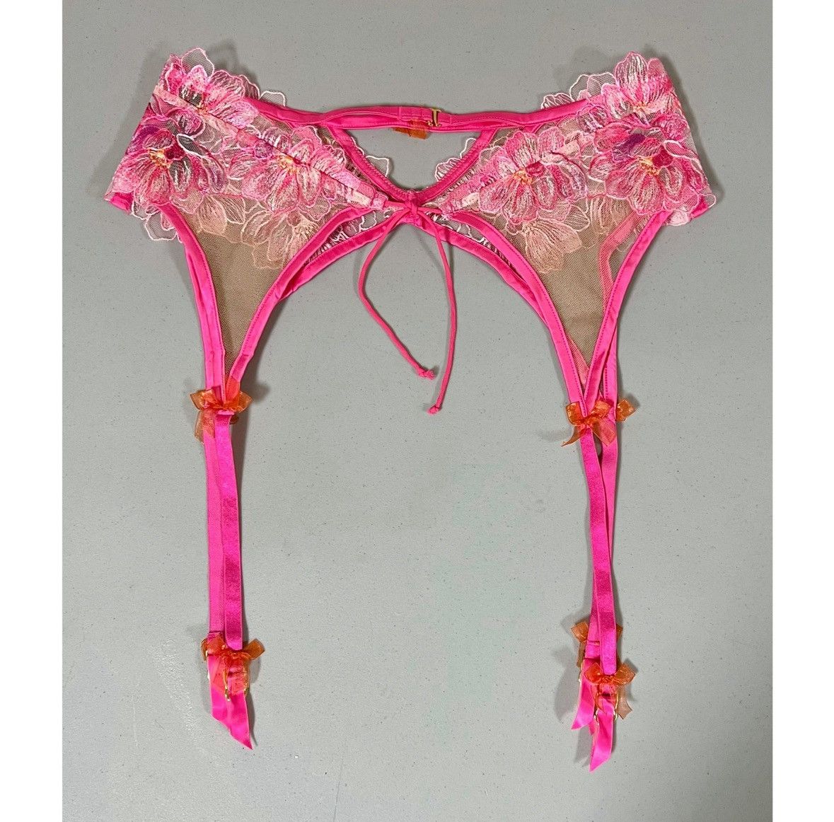 For Love & Lemons Pink Orange Floral Lace Bows Garter Belt Lingerie Size S 🍋✨ Size ONE SIZE - 4 Thumbnail