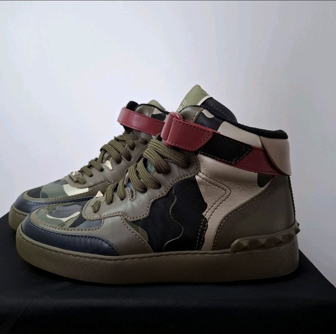 Valentino VALENTINO Camo Rockstud Green Leather High Top Sneakers Size US 7 / EU 40 - 4 Thumbnail