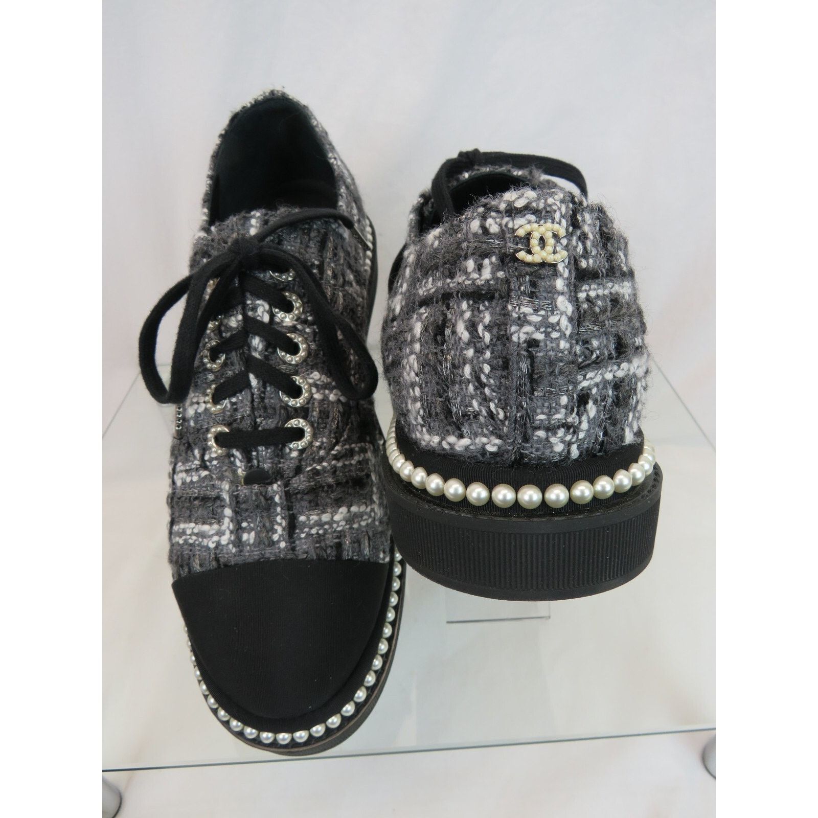 Chanel CHANEL G32357 GRAY TWEED CC LOGO PEARLS FLATS OXFORDS 41.5 Size US 11.5 / IT 41.5 - 5 Thumbnail