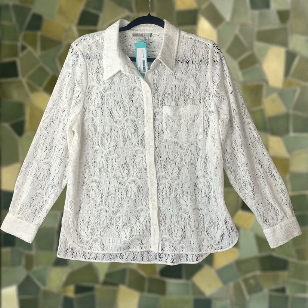 Vintage Pale Sky Top Women L White Eyelet Open Knit Boho Secretary Button Collared Blouse Size L / US 10 / IT 46 - 1 Thumbnail