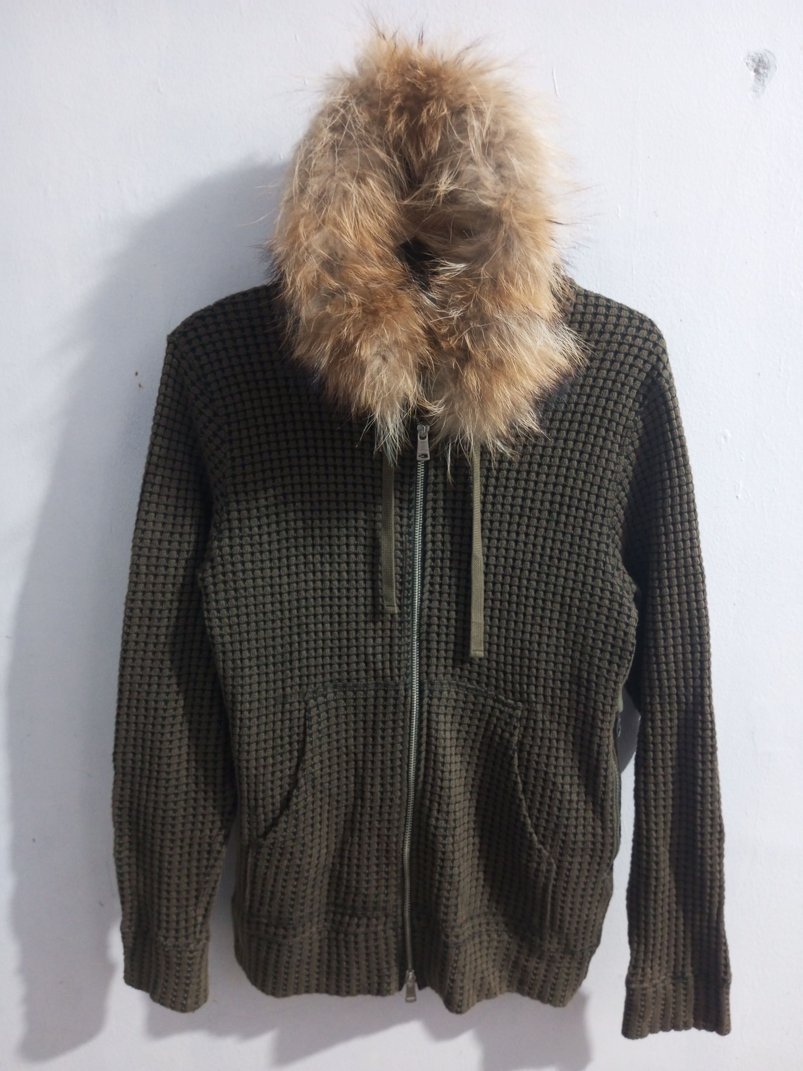 Vintage sea green double zipper woll fur hoodie