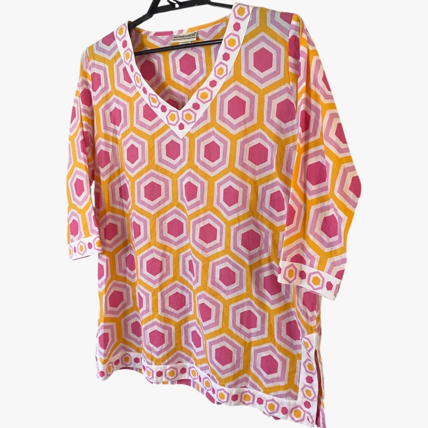 Vintage Ecoaccents Geometric V-Neck Tunic 3/4 Sleeve Printed Top Women's XL Orange Pink Blouse Size XL / US 12-14 / IT 48-50 - 2 Thumbnail